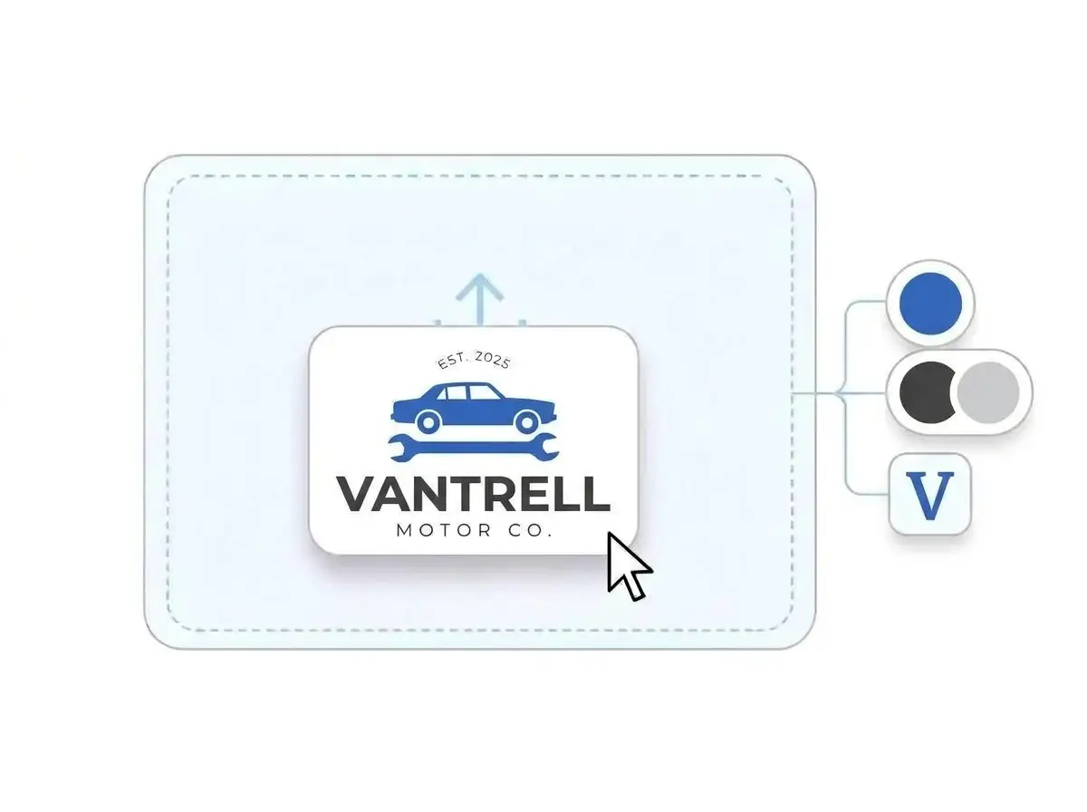 Vantrell Motor Co. logo dropped into the LOGO.com upload box, with its cobalt blue car and wrench mark and its charcoal and silver gray colors picked out