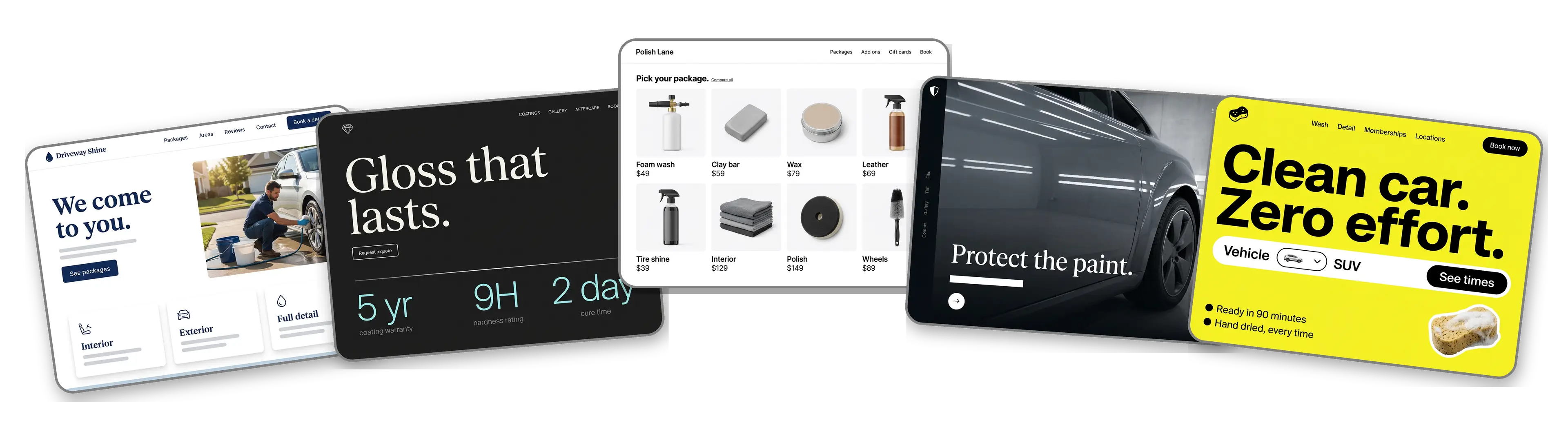 Five car detailing websites built with LOGO.com from a logo upload: a mobile detailer that comes to the driveway, a ceramic coating studio, a shop listing its detailing packages, a paint protection film studio and a car wash with online booking