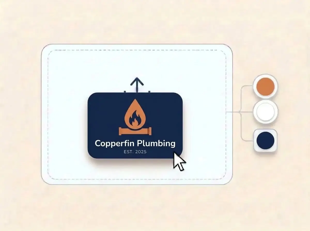 Copperfin Plumbing logo, a copper flame above a short pipe on a deep navy card, dropped into the LOGO.com upload box with its colors picked out