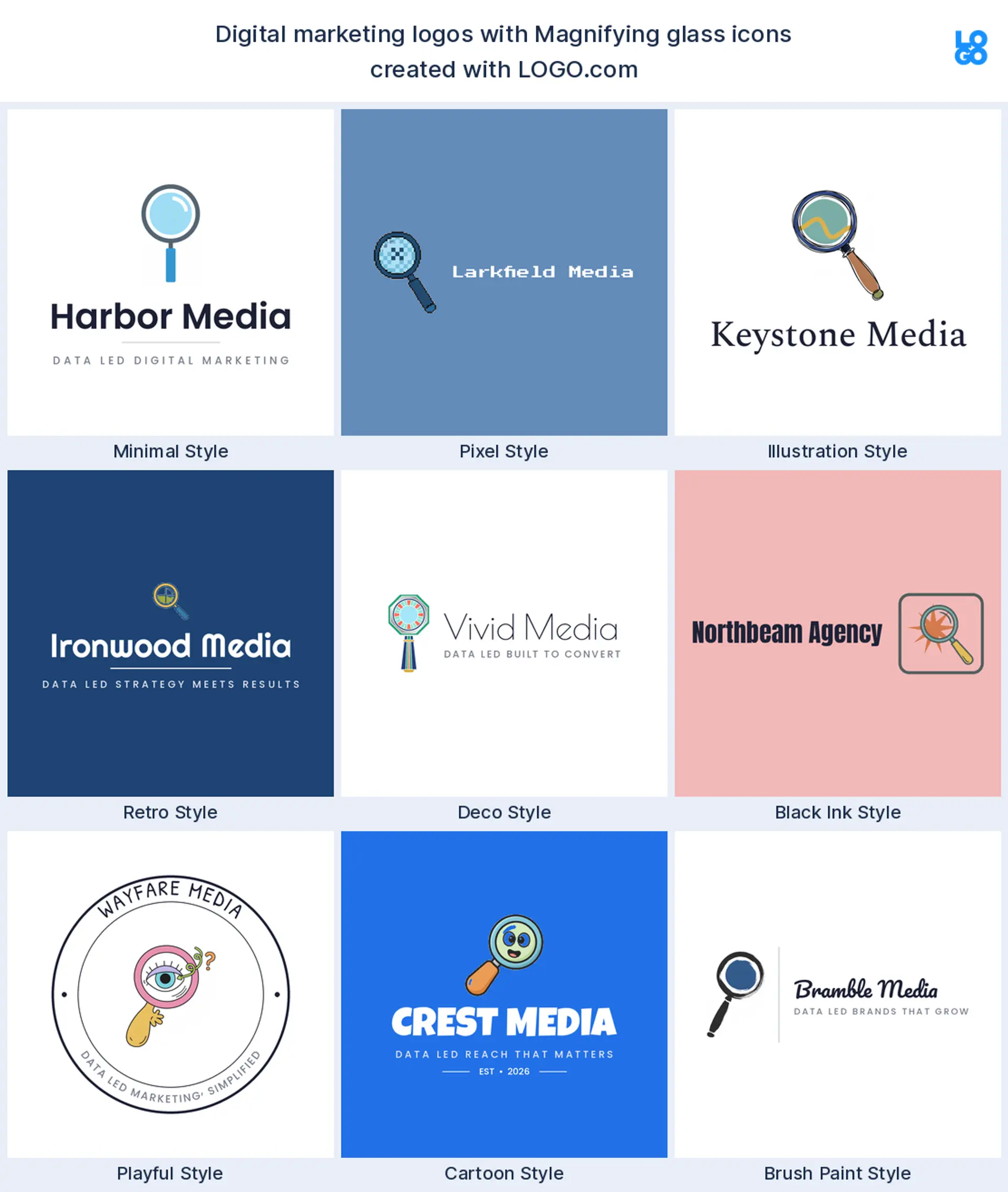 Magnifying glass, a popular digital marketing logo symbol, shown across nine styles on LOGO.com