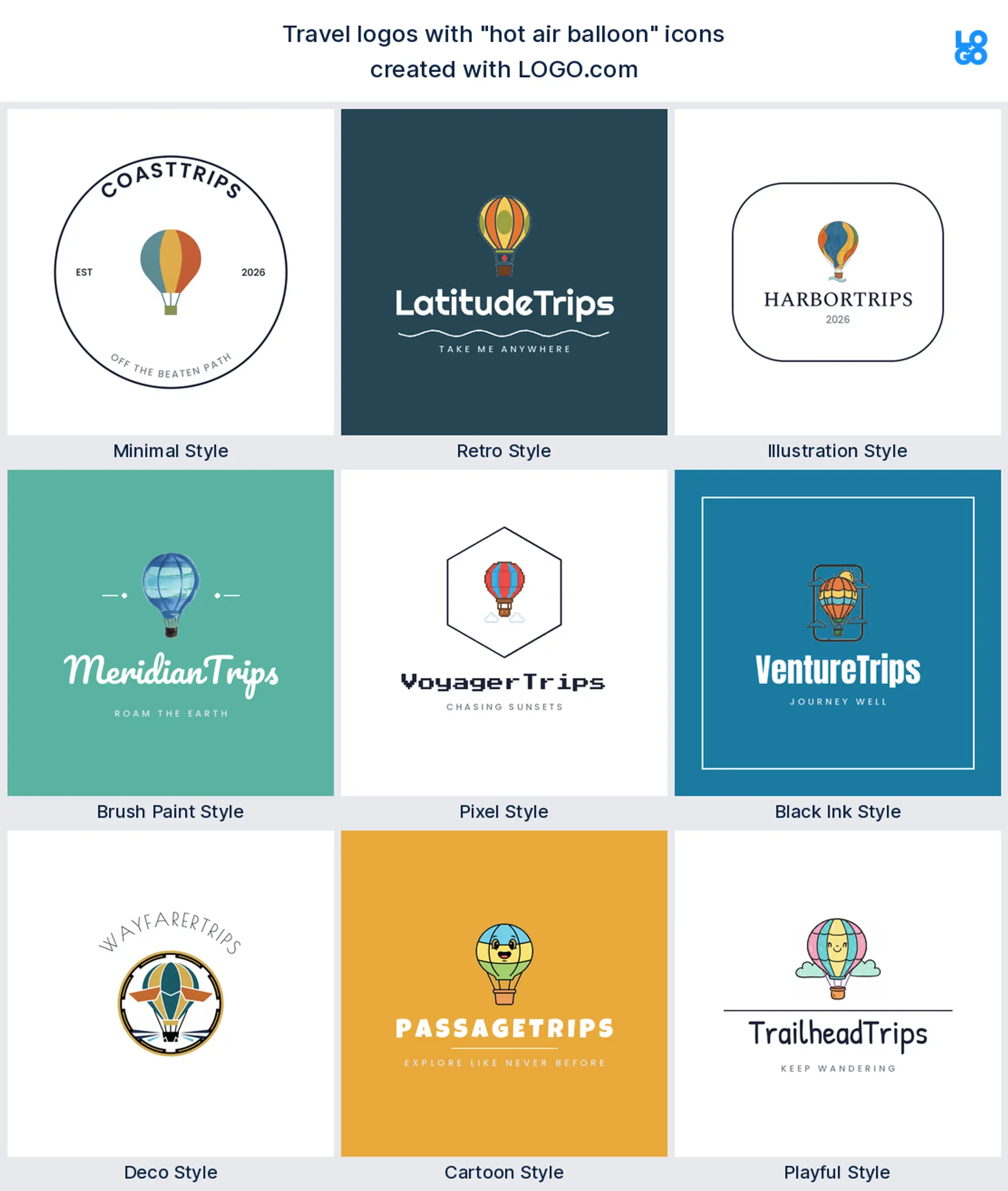 Hot air balloon, cartoon travel logo shown in nine LOGO.com styles