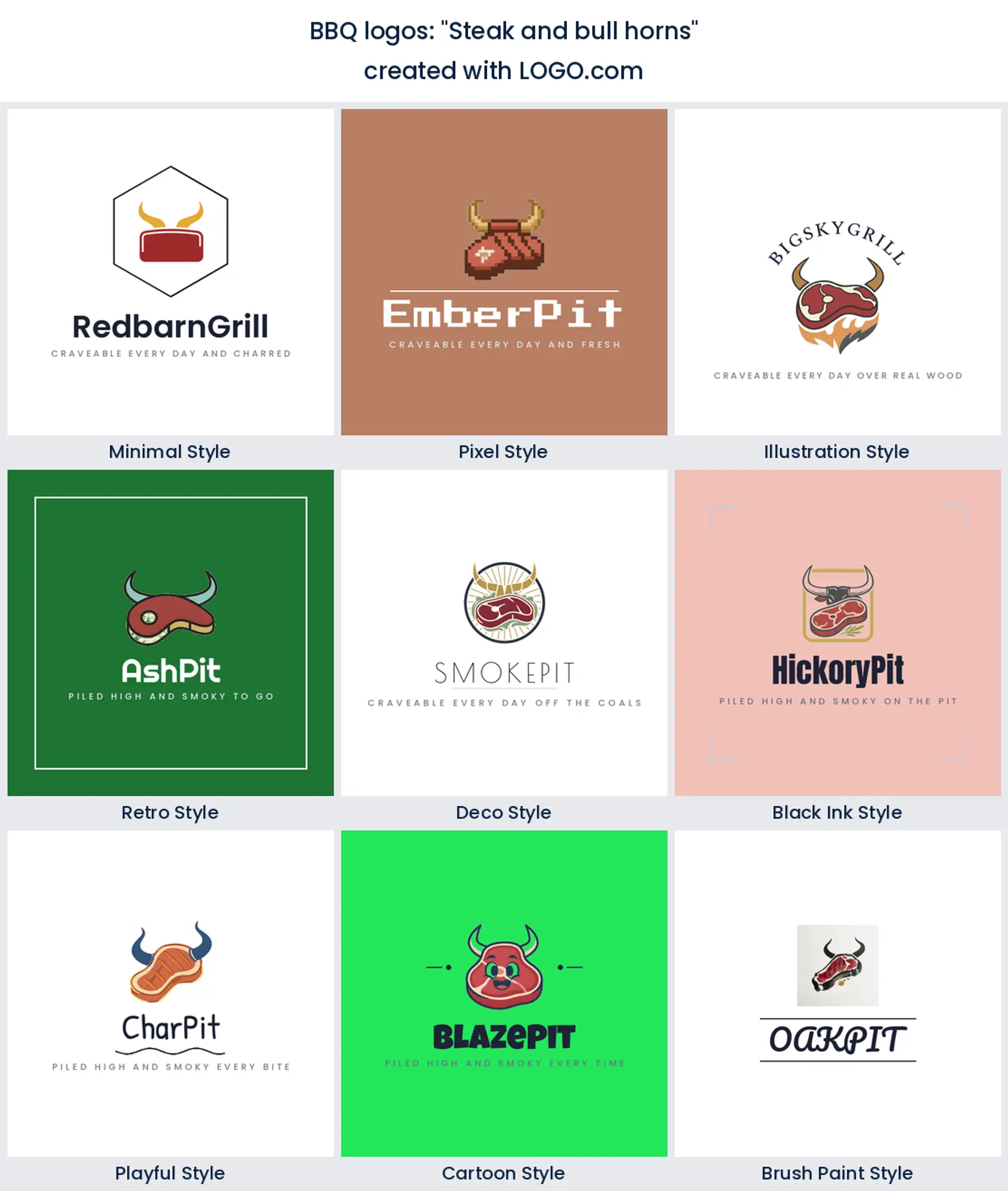 Steak and bull horns logo in nine styles.