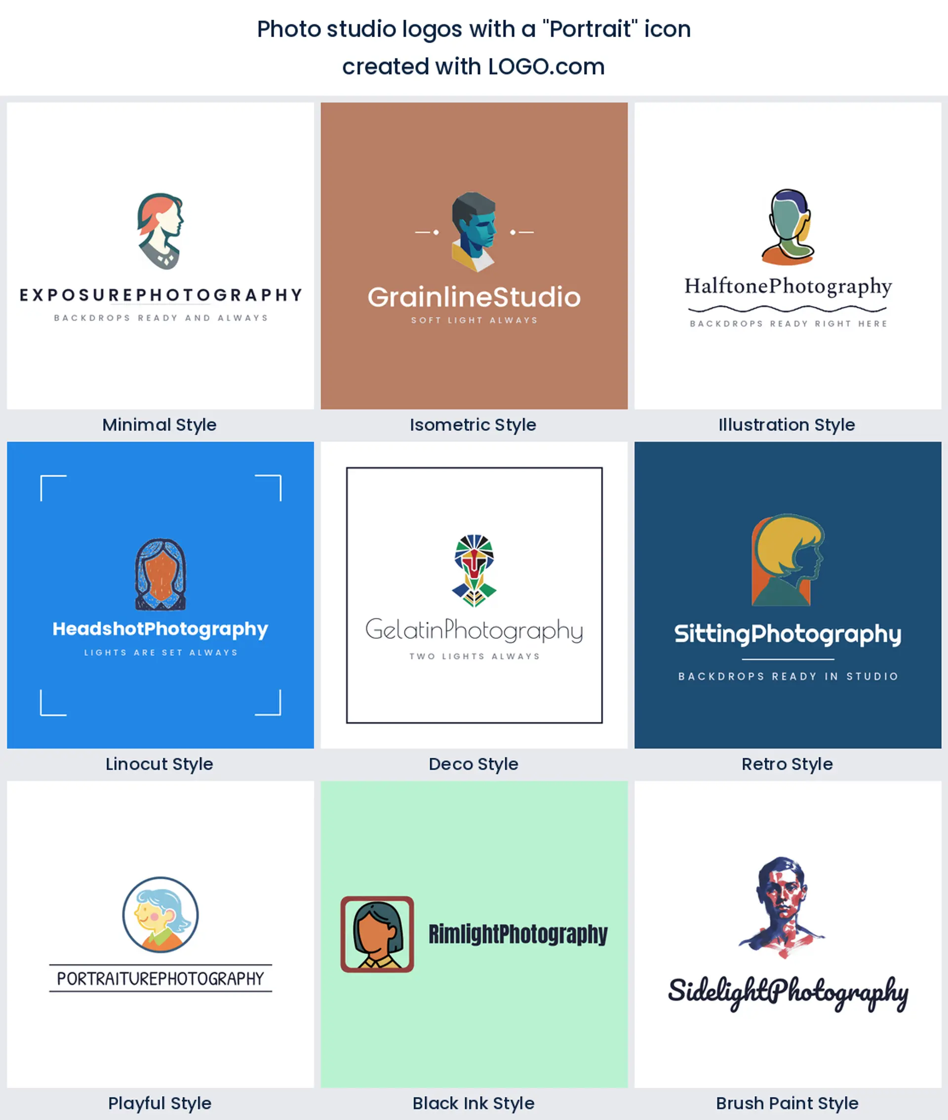 Photo studio logos using a portrait silhouette icon across nine styles