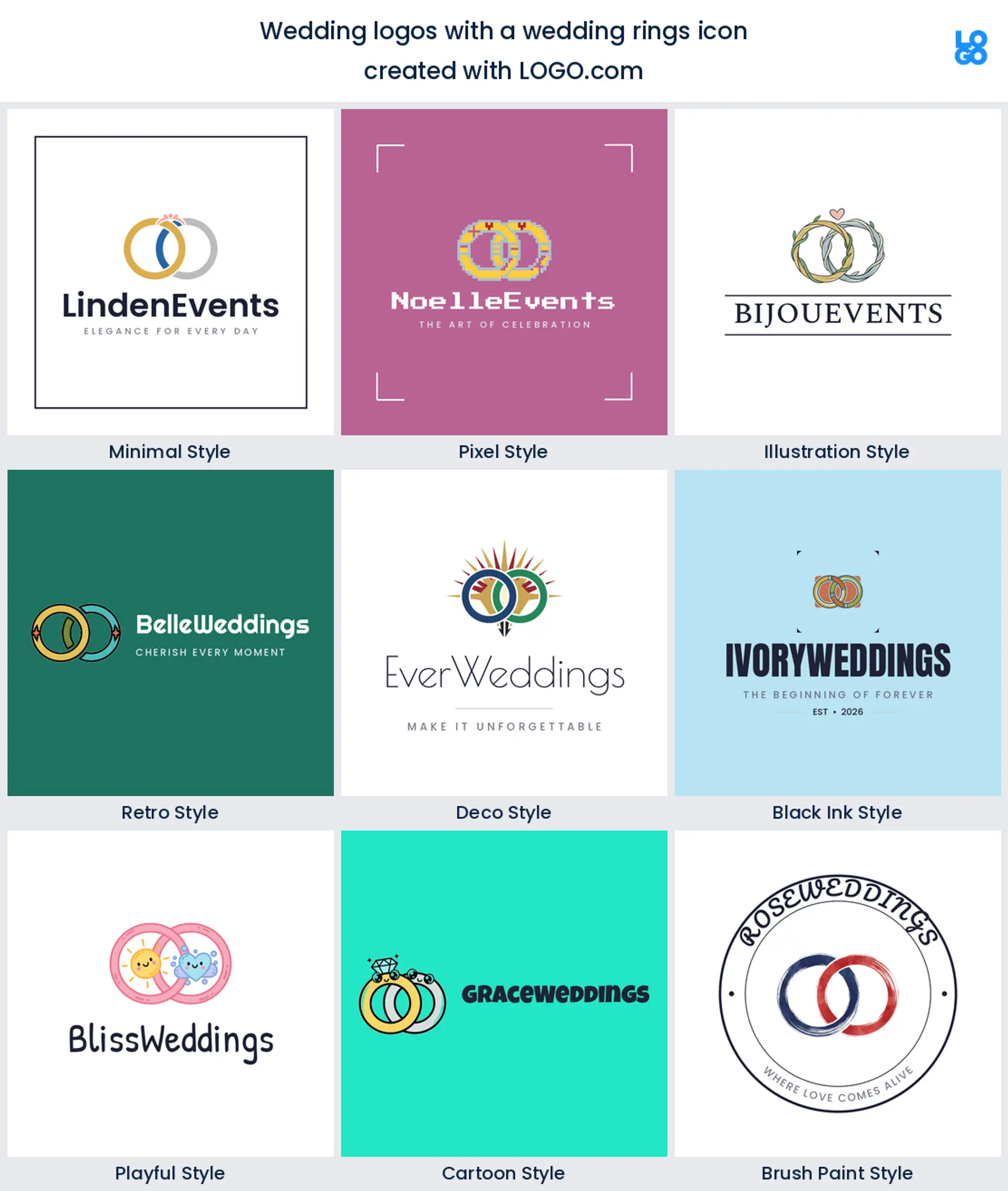Interlocking wedding rings logo shown in nine LOGO.com styles