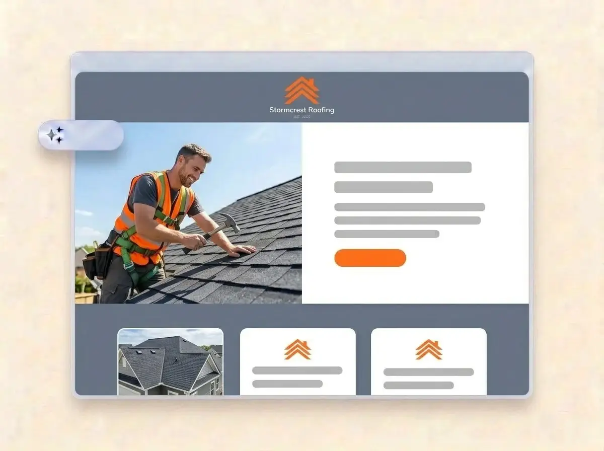 Finished Stormcrest Roofing website built by LOGO.com from the uploaded logo, with a roofer nailing new shingles in the hero and a finished roof thumbnail