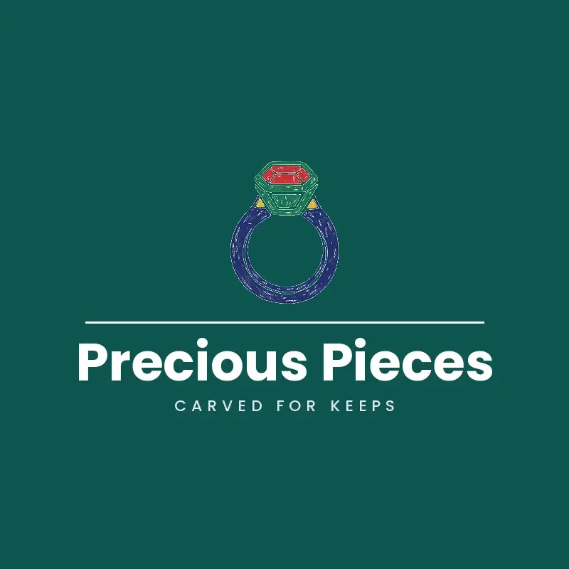 The jewelry name Precious Pieces as a branded logo in a linocut style