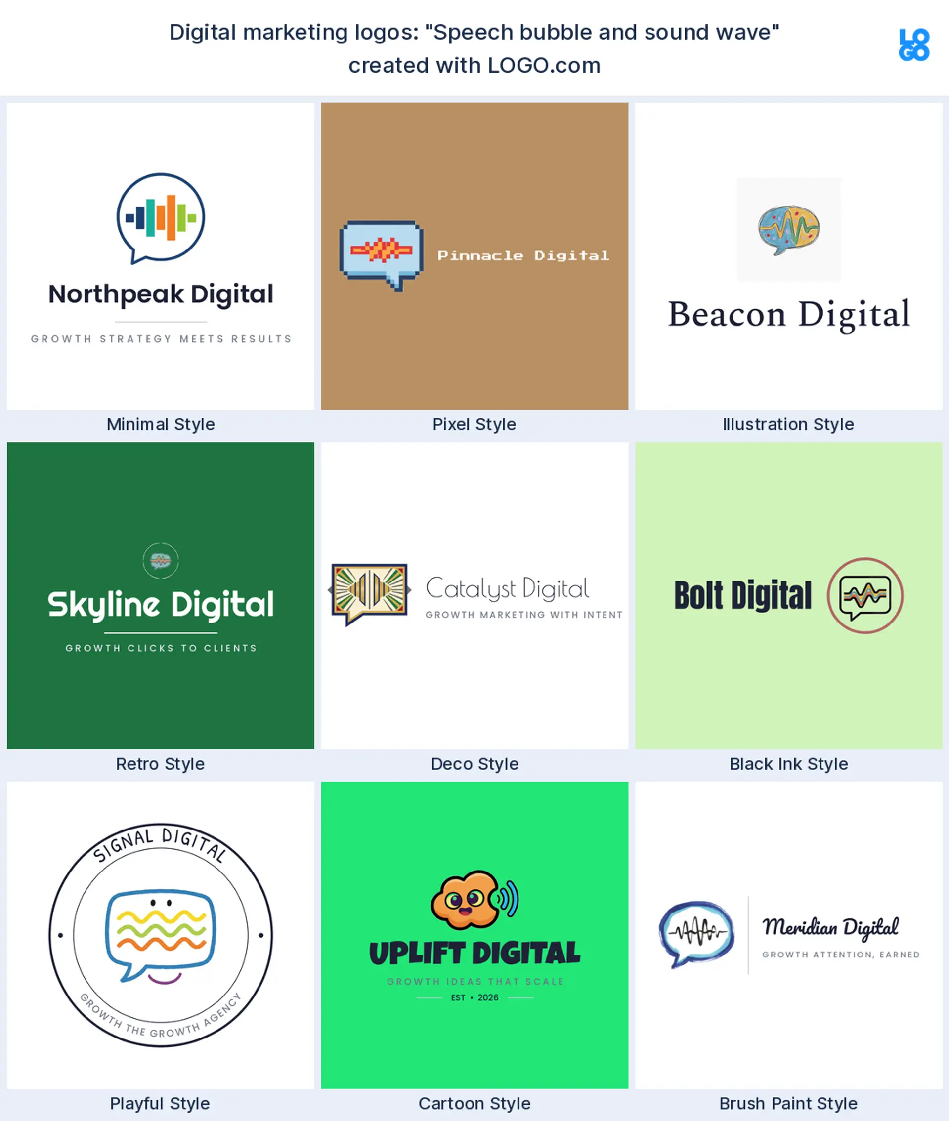 The "Speech bubble and sound wave" digital marketing logo idea, shown across nine styles on LOGO.com