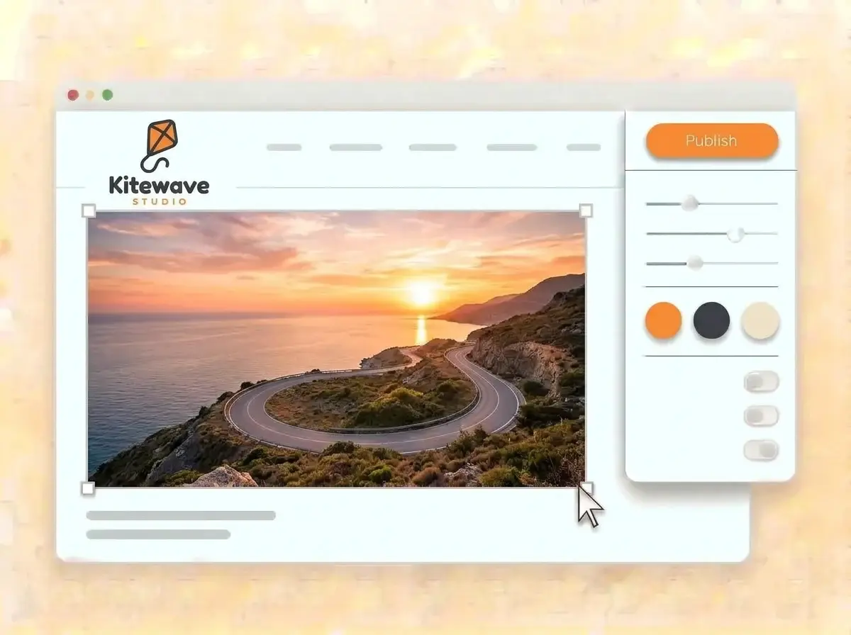 Editing the Kitewave website with a sunset coastal road photo selected, the style panel open and the orange Publish button ready