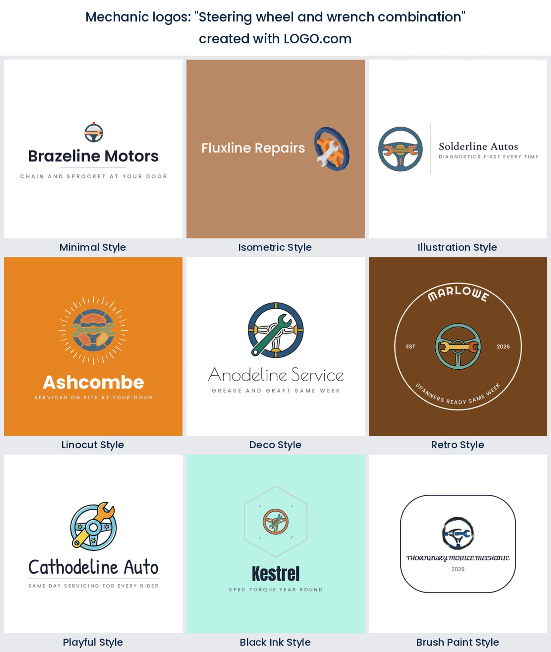 Steering wheel and wrench mechanic logo in nine styles