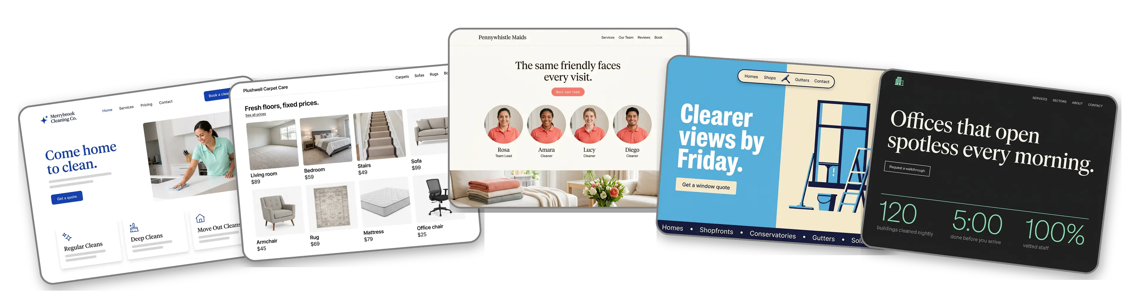 Five cleaning business websites built with LOGO.com from a logo upload: a house cleaning service, a carpet and upholstery cleaner, a family run maid service, a window cleaning company and a commercial office cleaner