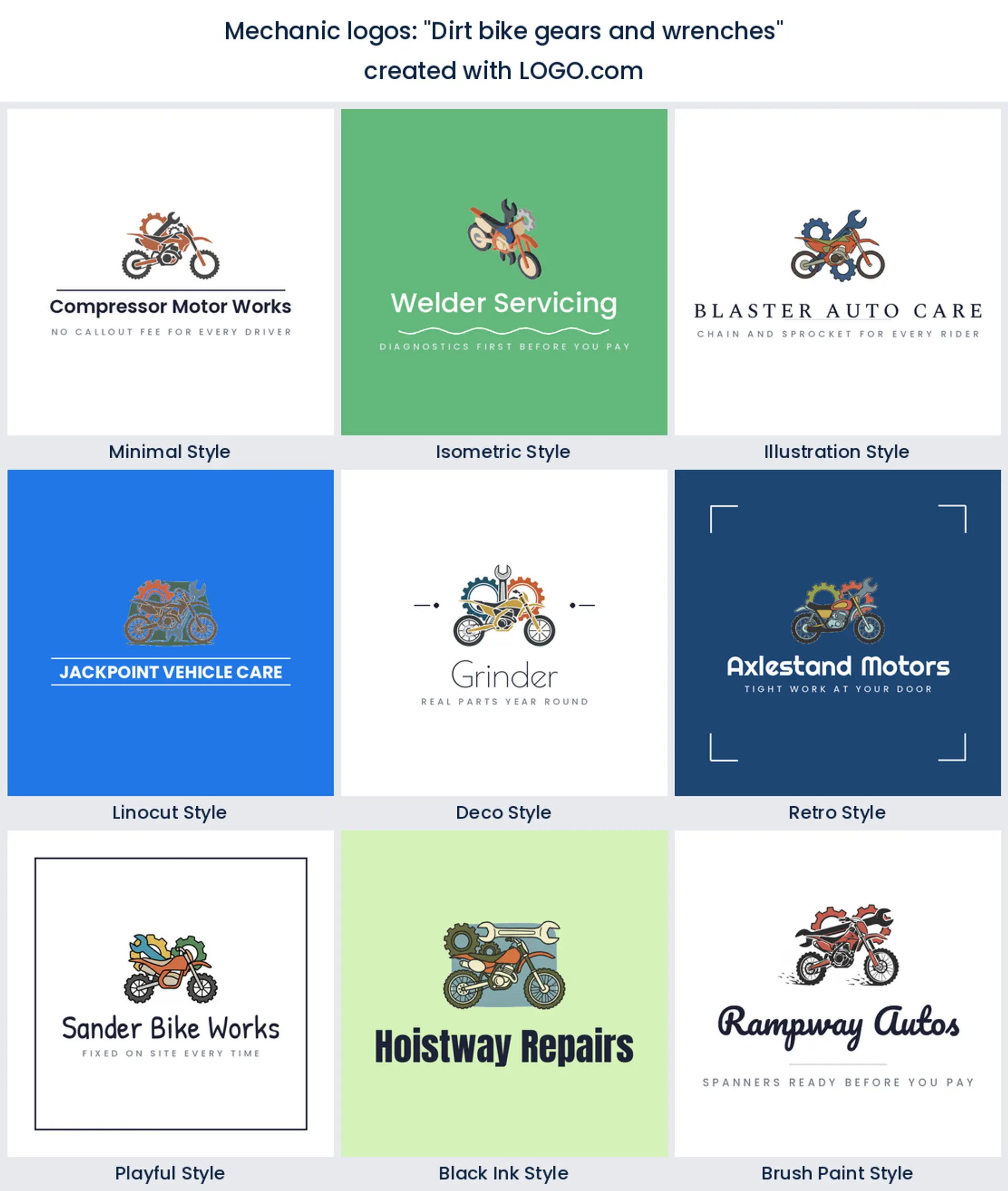 Dirt bike gears and wrenches mechanic logo in nine styles