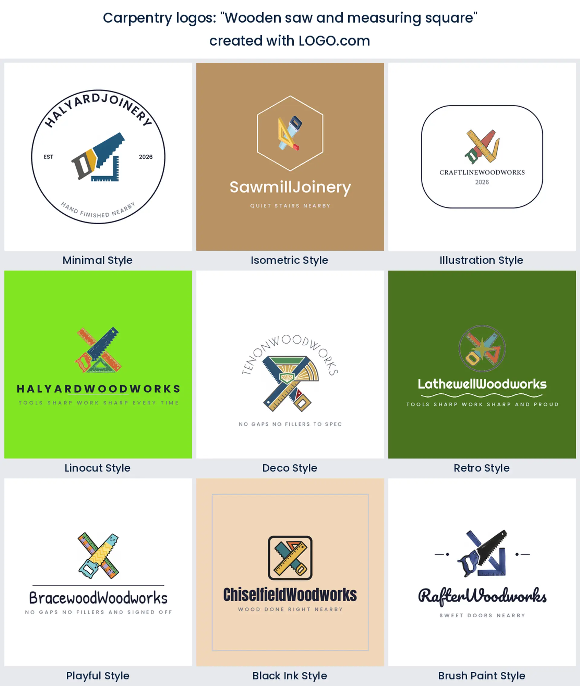 Wooden saw and measuring square logo shown across nine LOGO.com styles