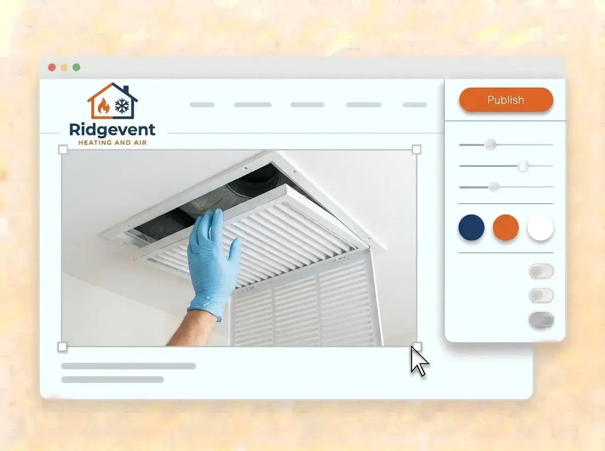 Editing the Ridgevent website with a photo of a new air filter going into a ceiling vent selected, the style panel open and the orange Publish button ready