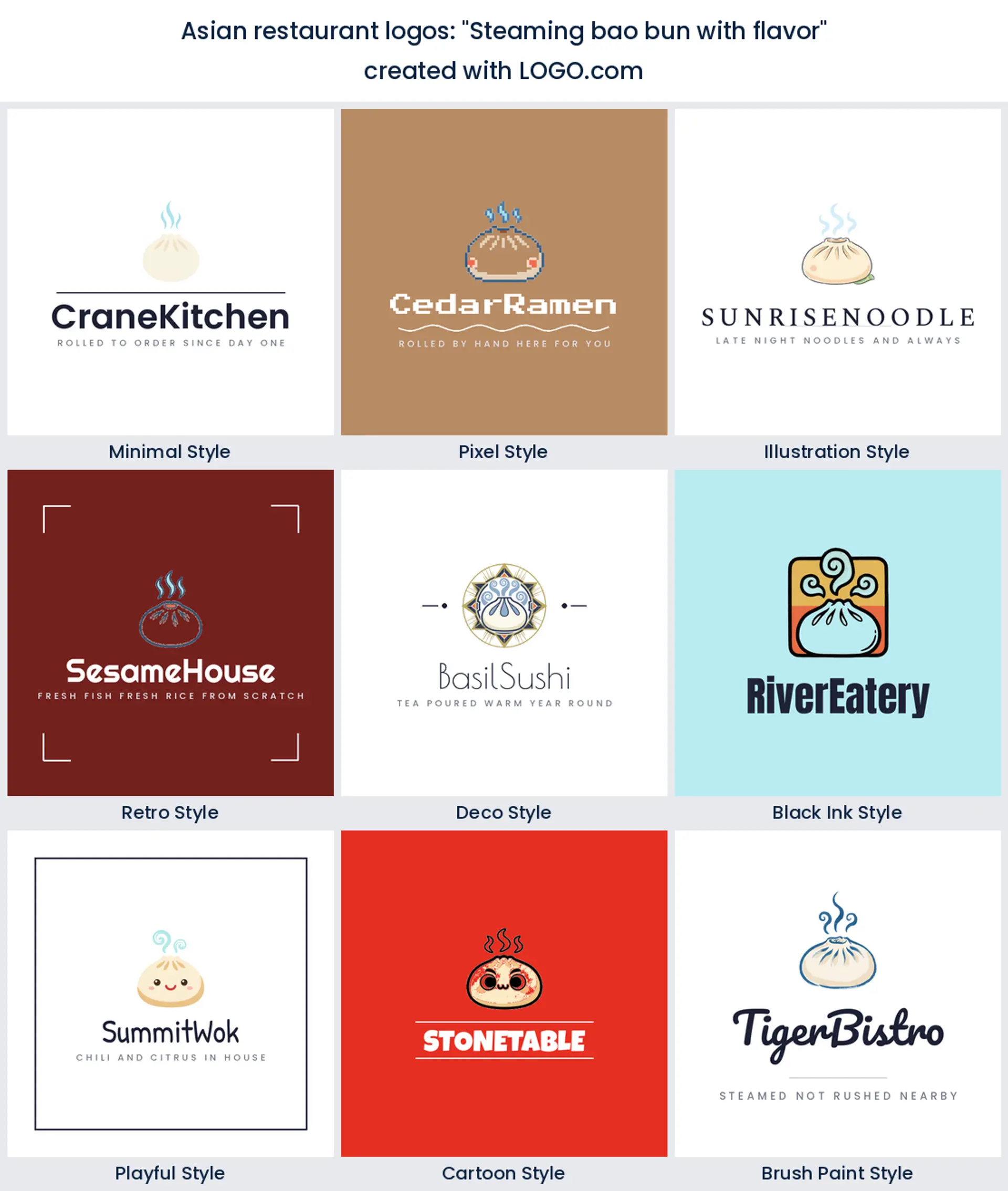 Steaming bao bun Asian restaurant logo in nine styles.