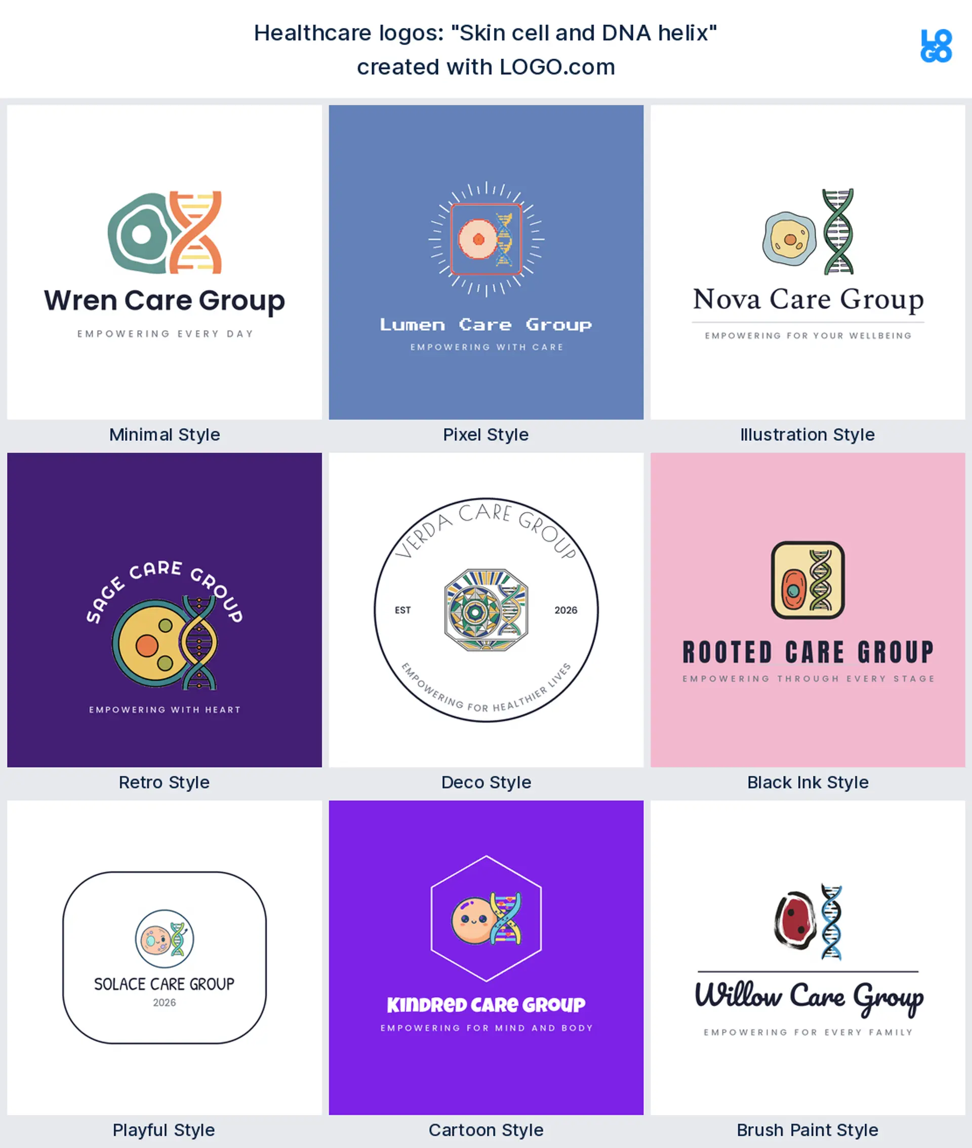 The "Skin cell and DNA helix" healthcare logo idea shown across nine LOGO.com styles