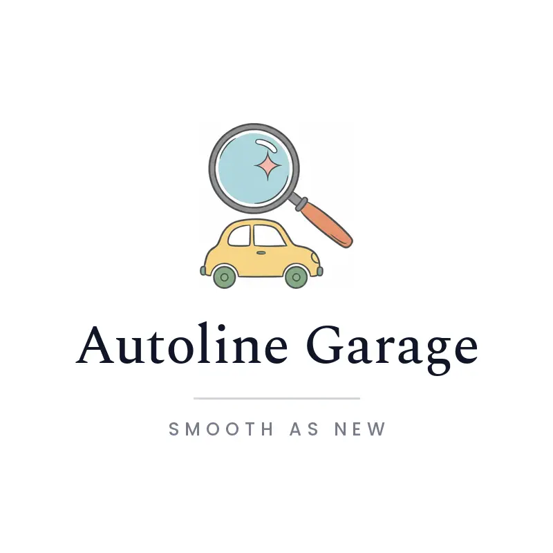 An illustrated magnifying glass held over a small car above a calm auto shop wordmark.
