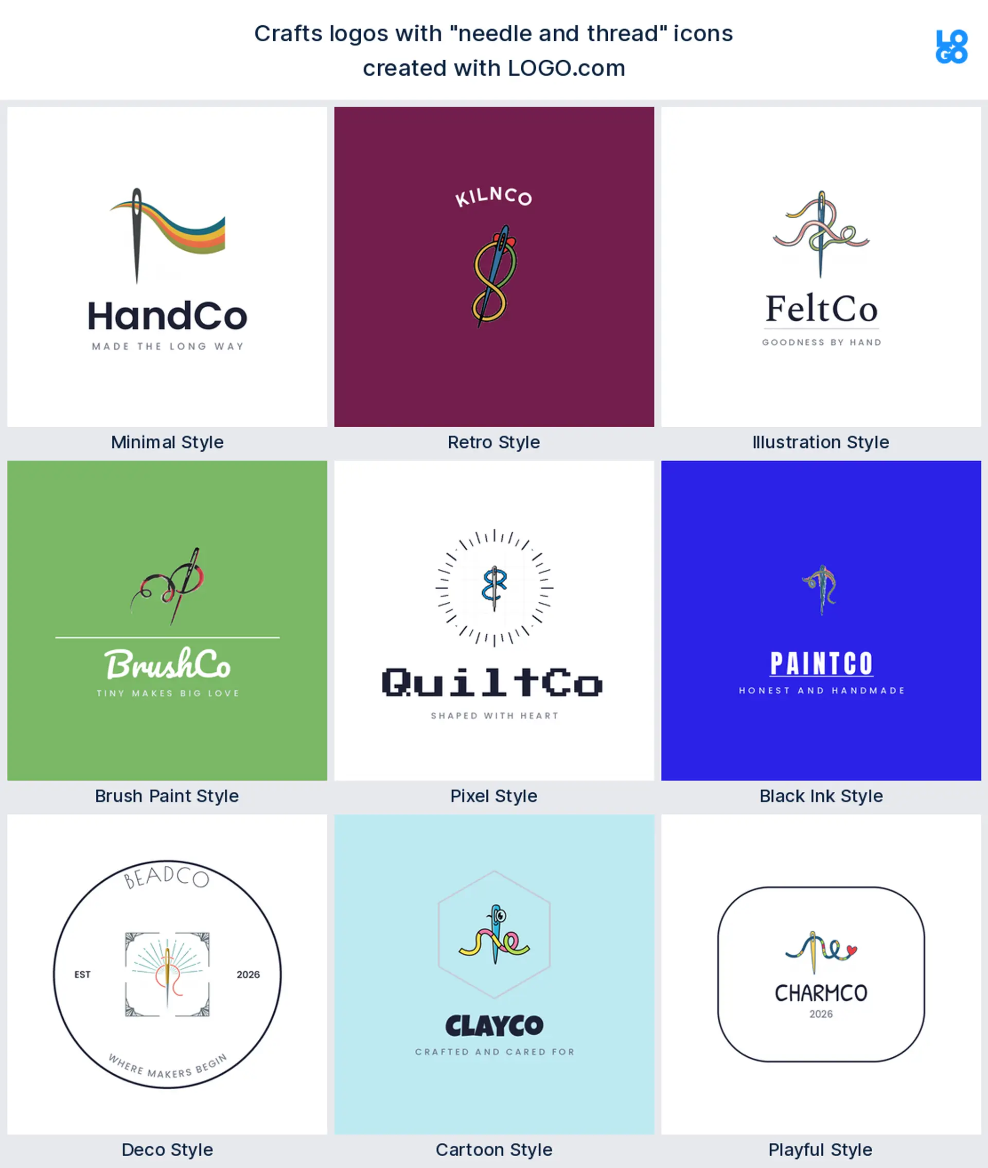 Needle and thread craft logo shown in nine LOGO.com styles
