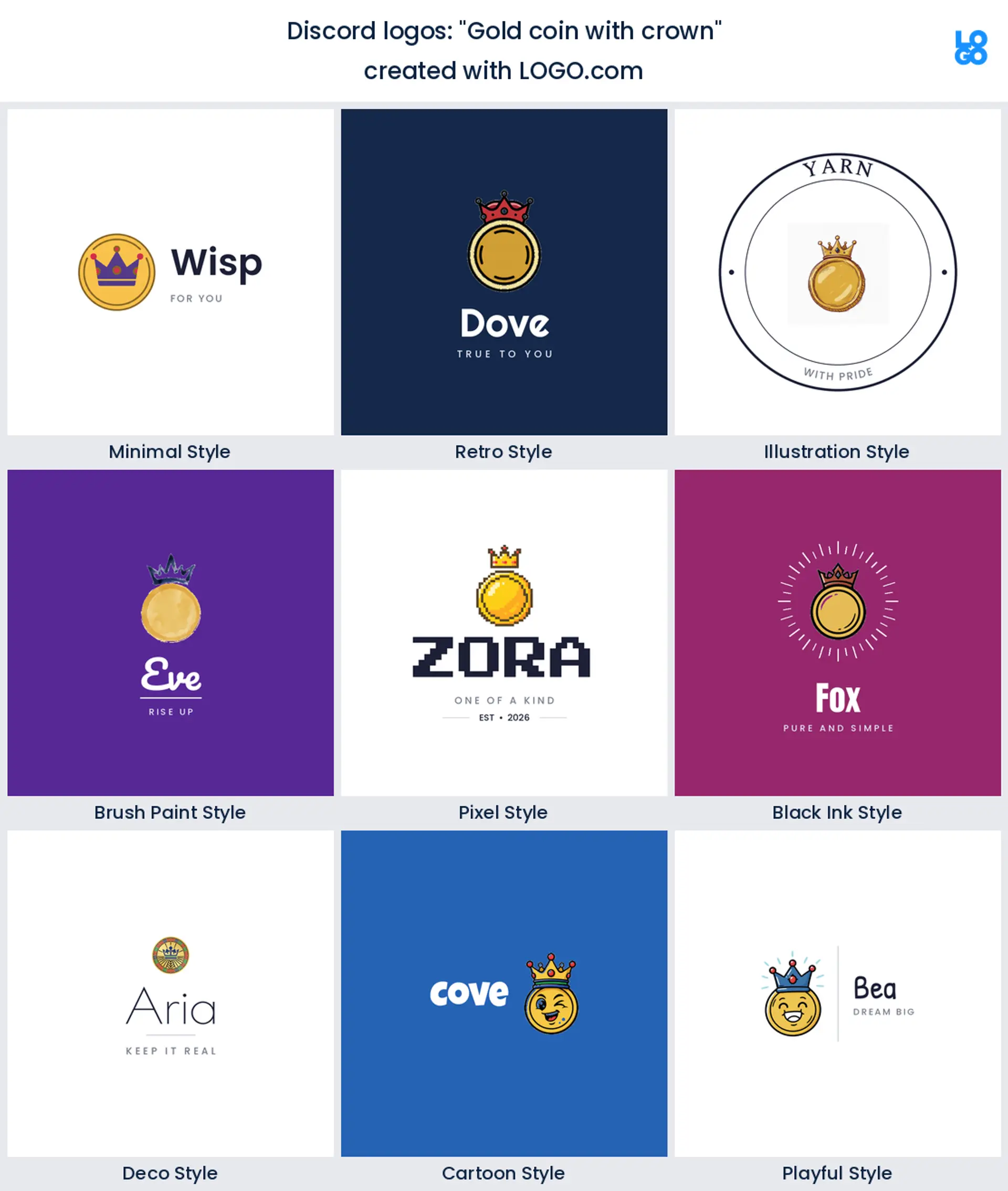 Gold coin with crown, Discord server logo shown in nine LOGO.com styles