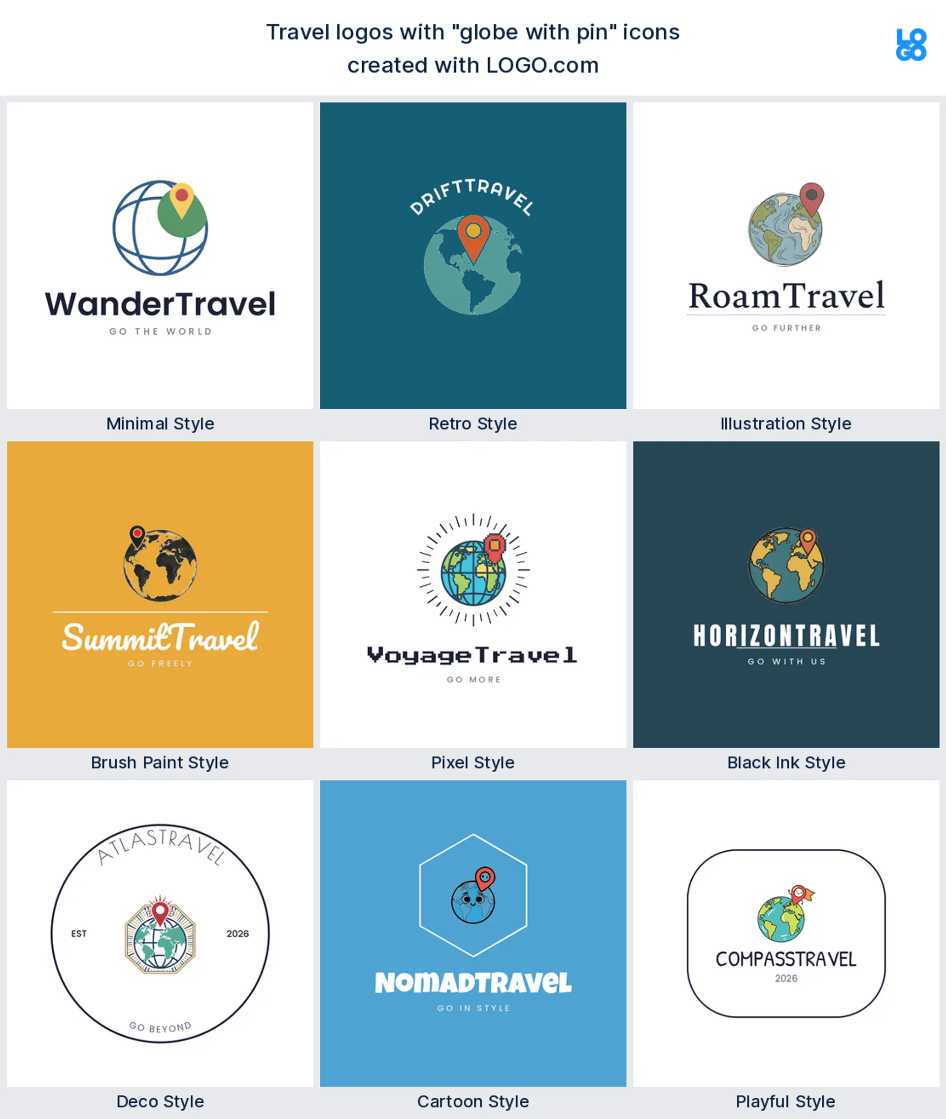 Globe with a pin, cartoon travel logo shown in nine LOGO.com styles