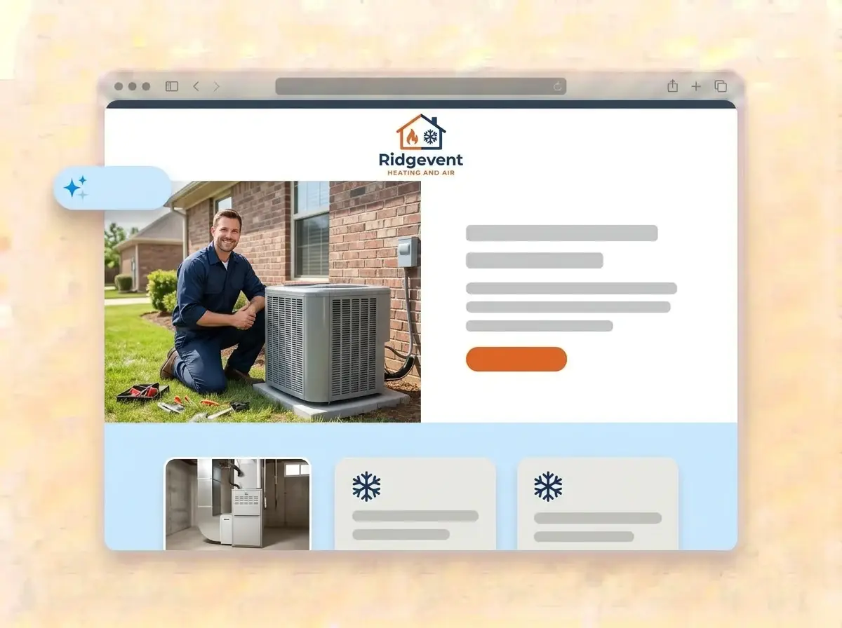 Finished Ridgevent Heating and Air website built by LOGO.com from the uploaded logo, with a technician kneeling beside an outdoor condenser in the hero photo