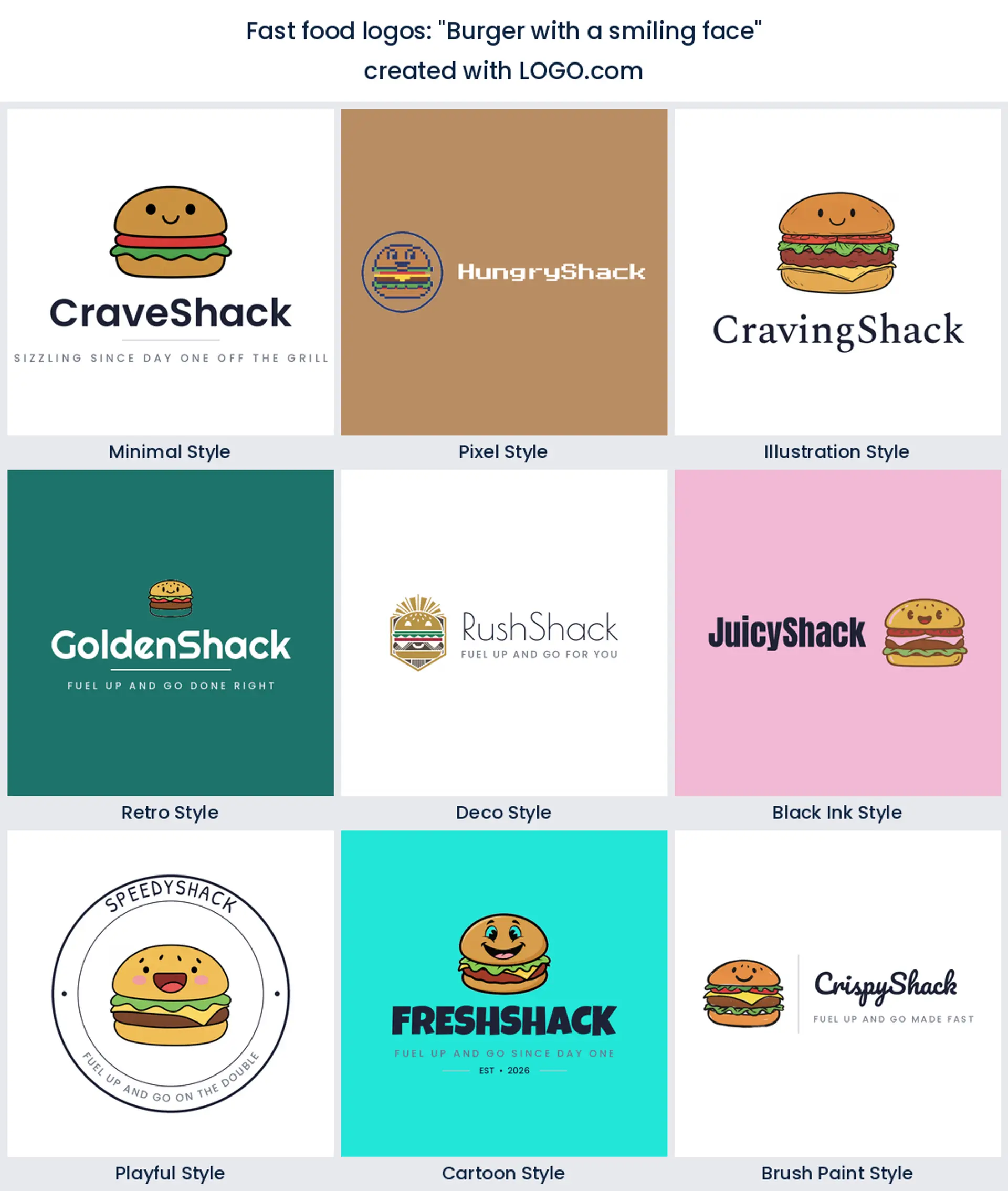 Burger with a smiling face logo in nine styles.