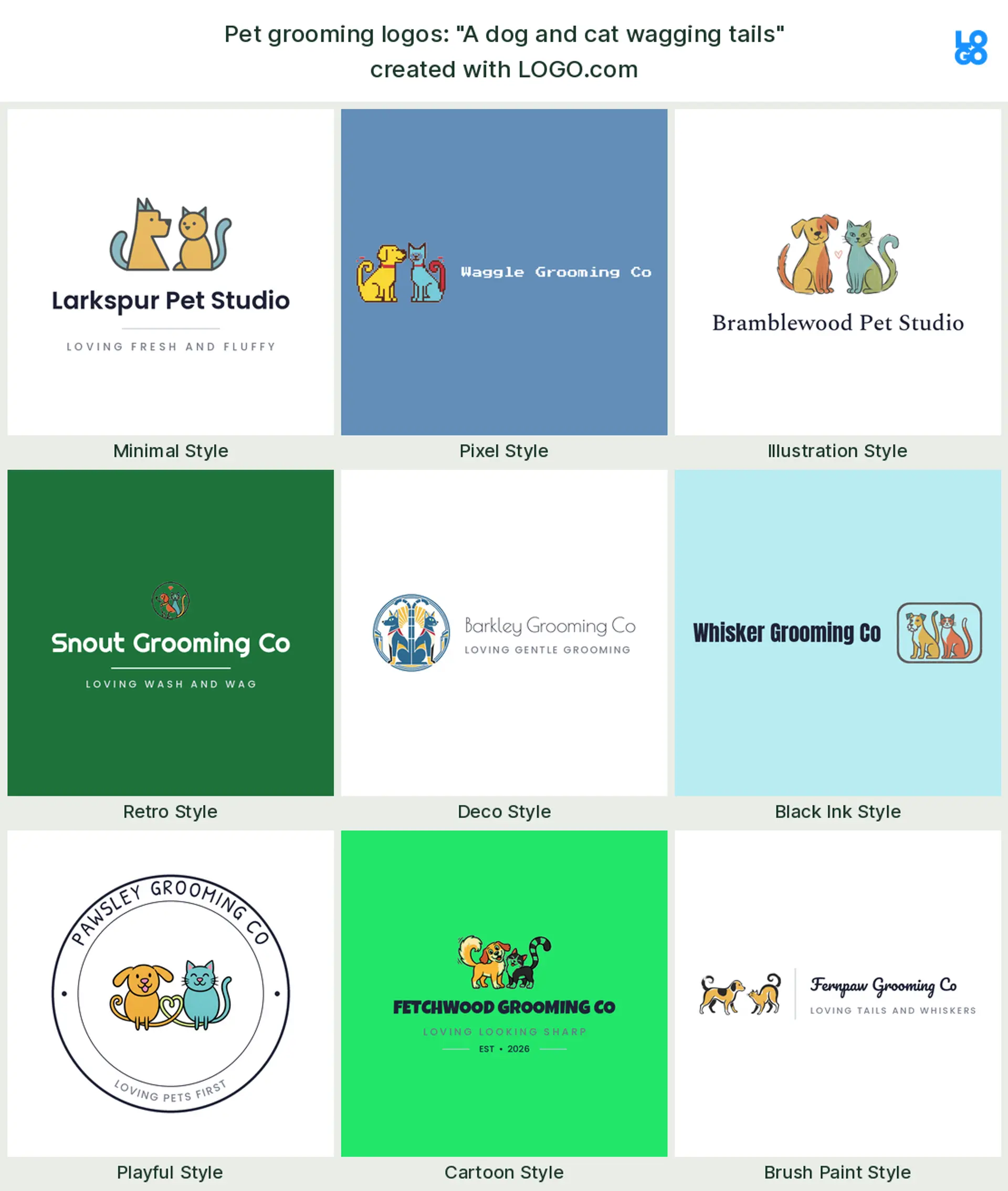 The "A dog and cat wagging tails" pet grooming logo idea, shown across nine styles on LOGO.com