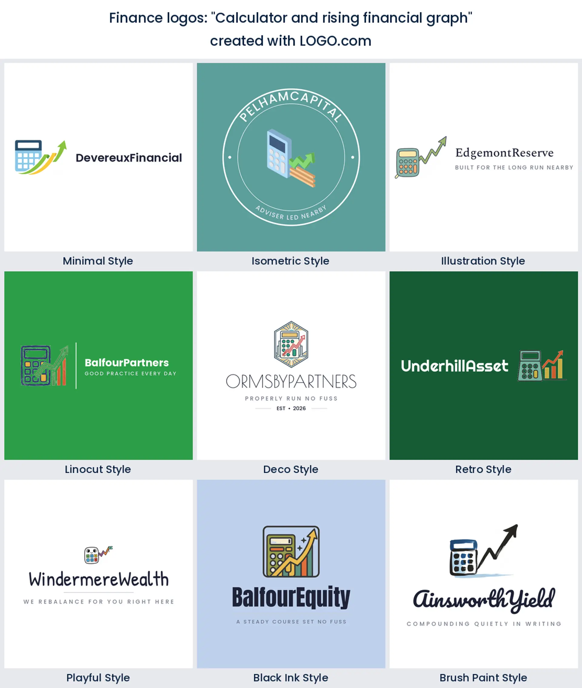 Nine styles of financial planner logo with a calculator beside a climbing graph