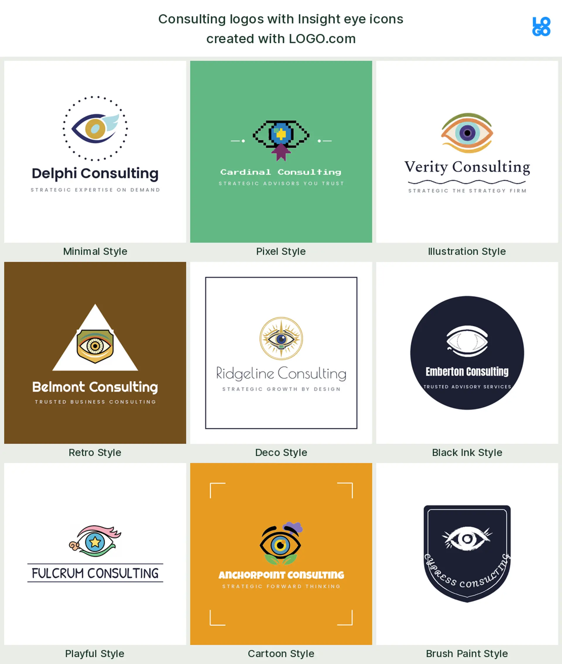 Insight eye, a popular consulting logo symbol, shown across nine styles on LOGO.com