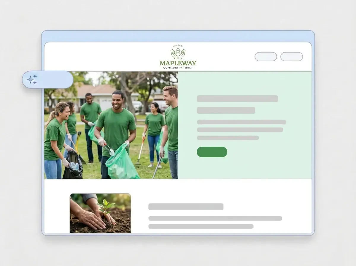 Finished Mapleway Community Trust website built by LOGO.com from the uploaded logo, with volunteers cleaning up a park in the hero and a seedling thumbnail