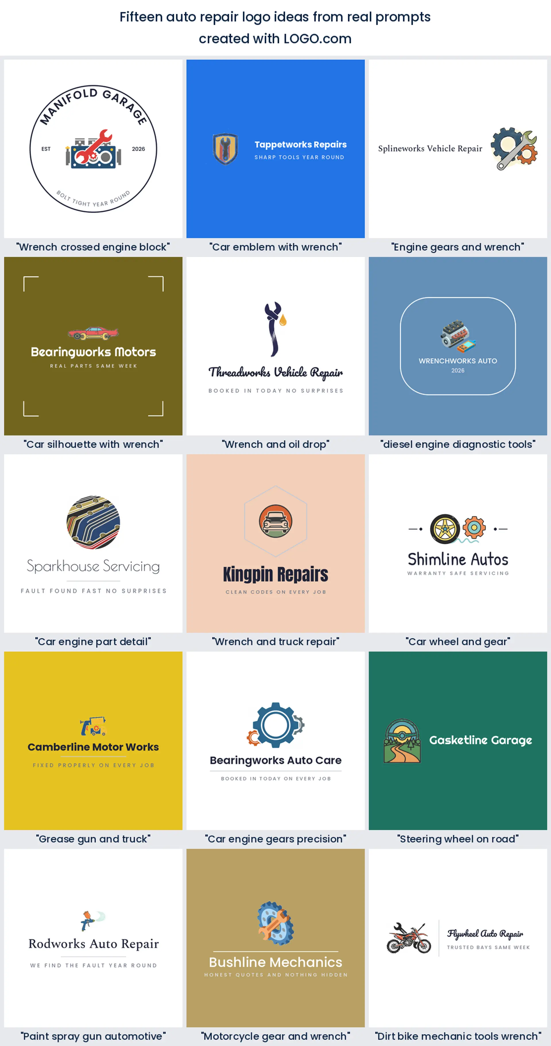 Fifteen auto repair logo ideas shown across nine LOGO.com styles