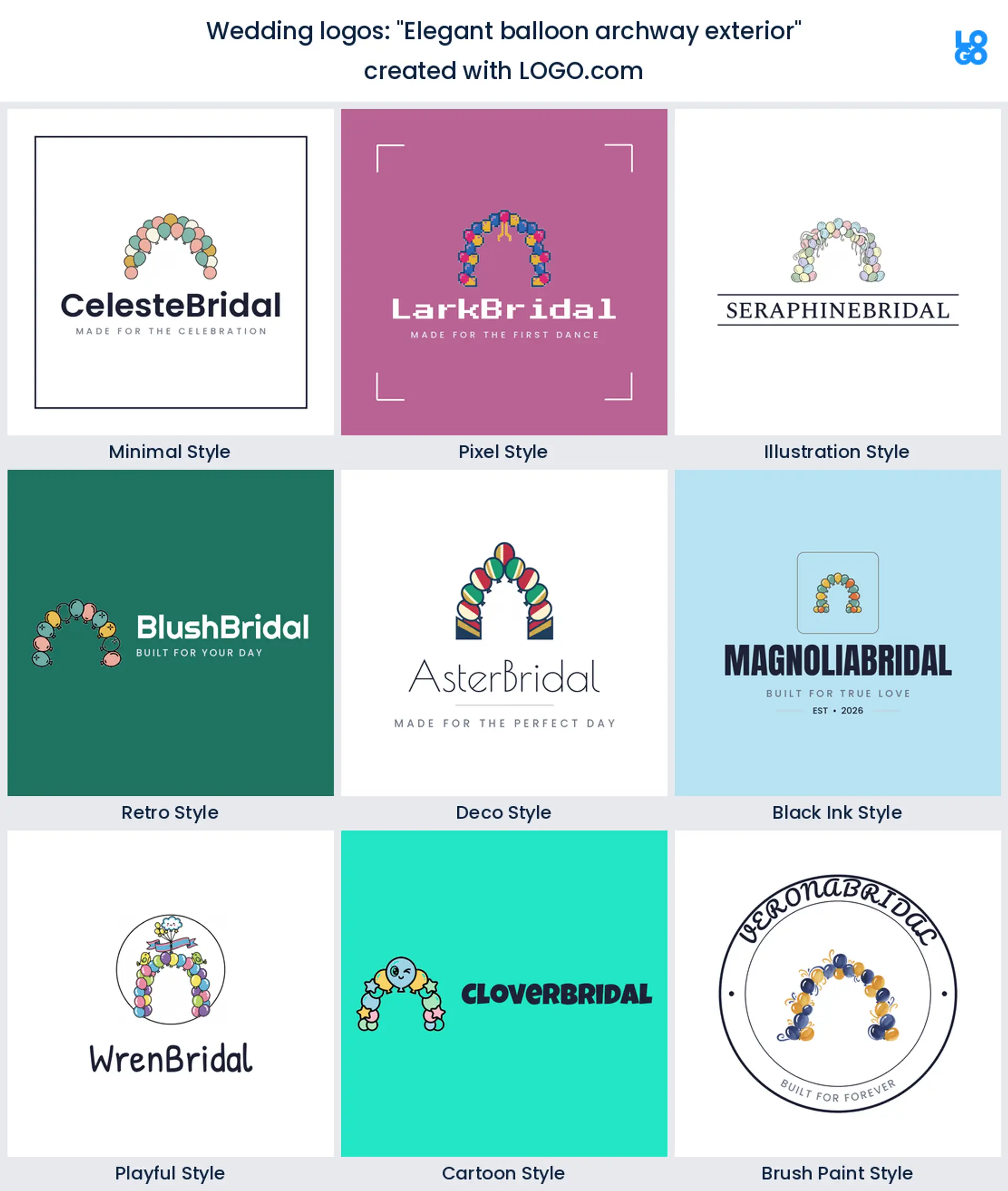 Elegant balloon archway exterior, a wedding logo idea shown in nine LOGO.com styles