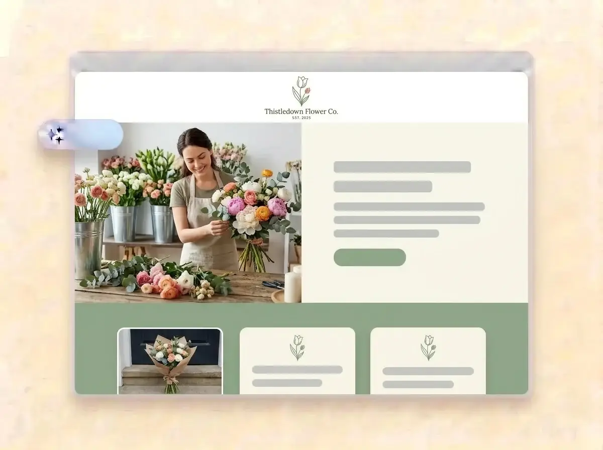 Finished Thistledown Flower Co. website built by LOGO.com from the uploaded logo, with a florist arranging peonies in the hero photo