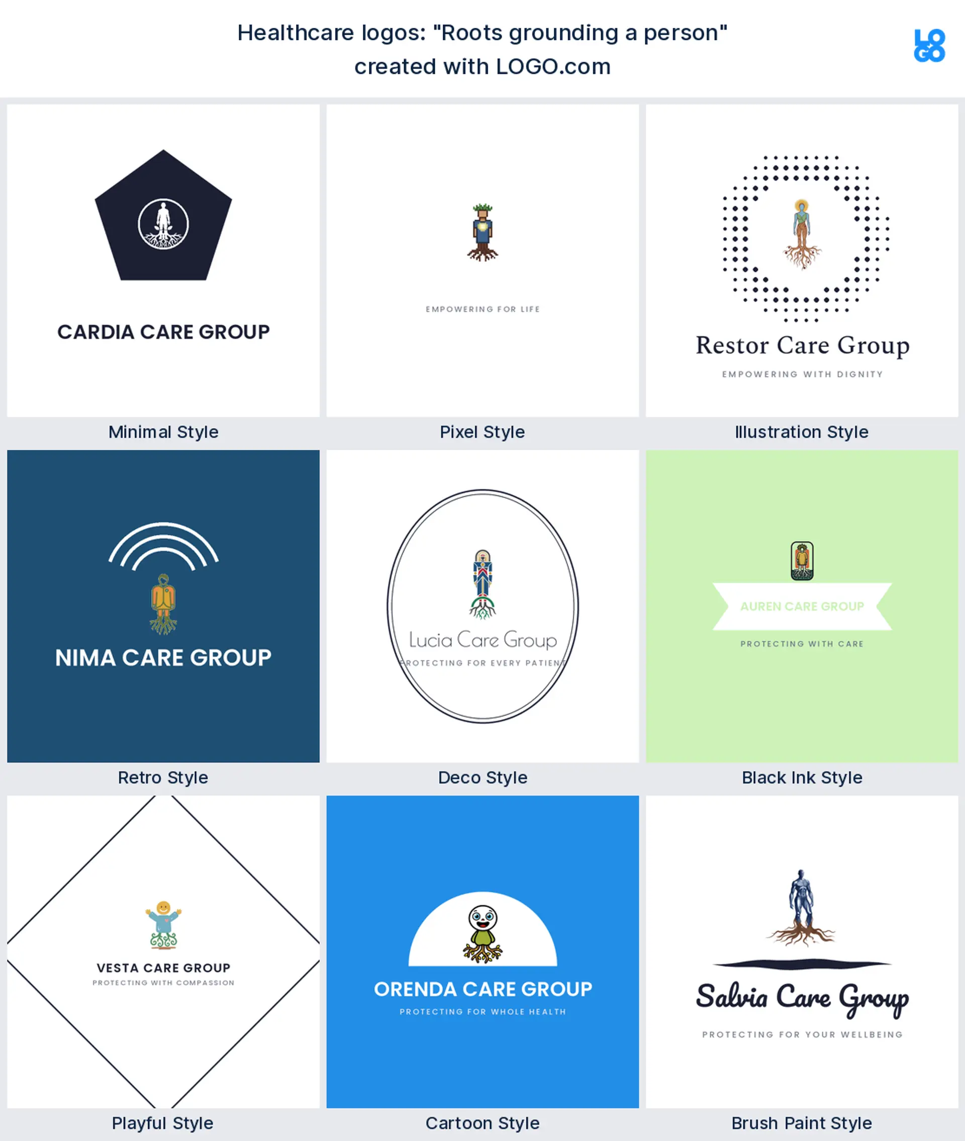 The "Roots grounding a person" healthcare logo idea shown across nine LOGO.com styles