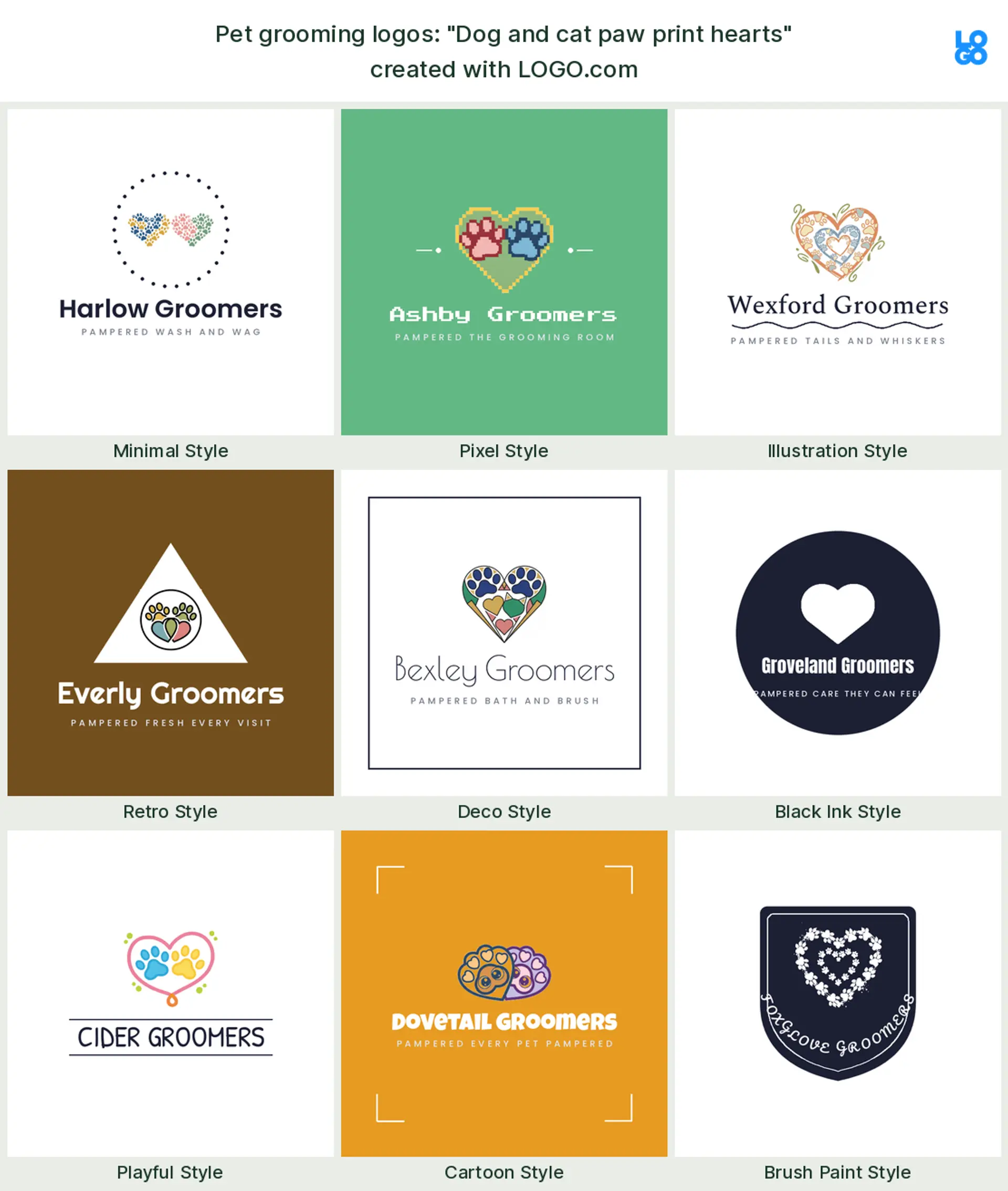 The "Dog and cat paw print hearts" pet grooming logo idea, shown across nine styles on LOGO.com