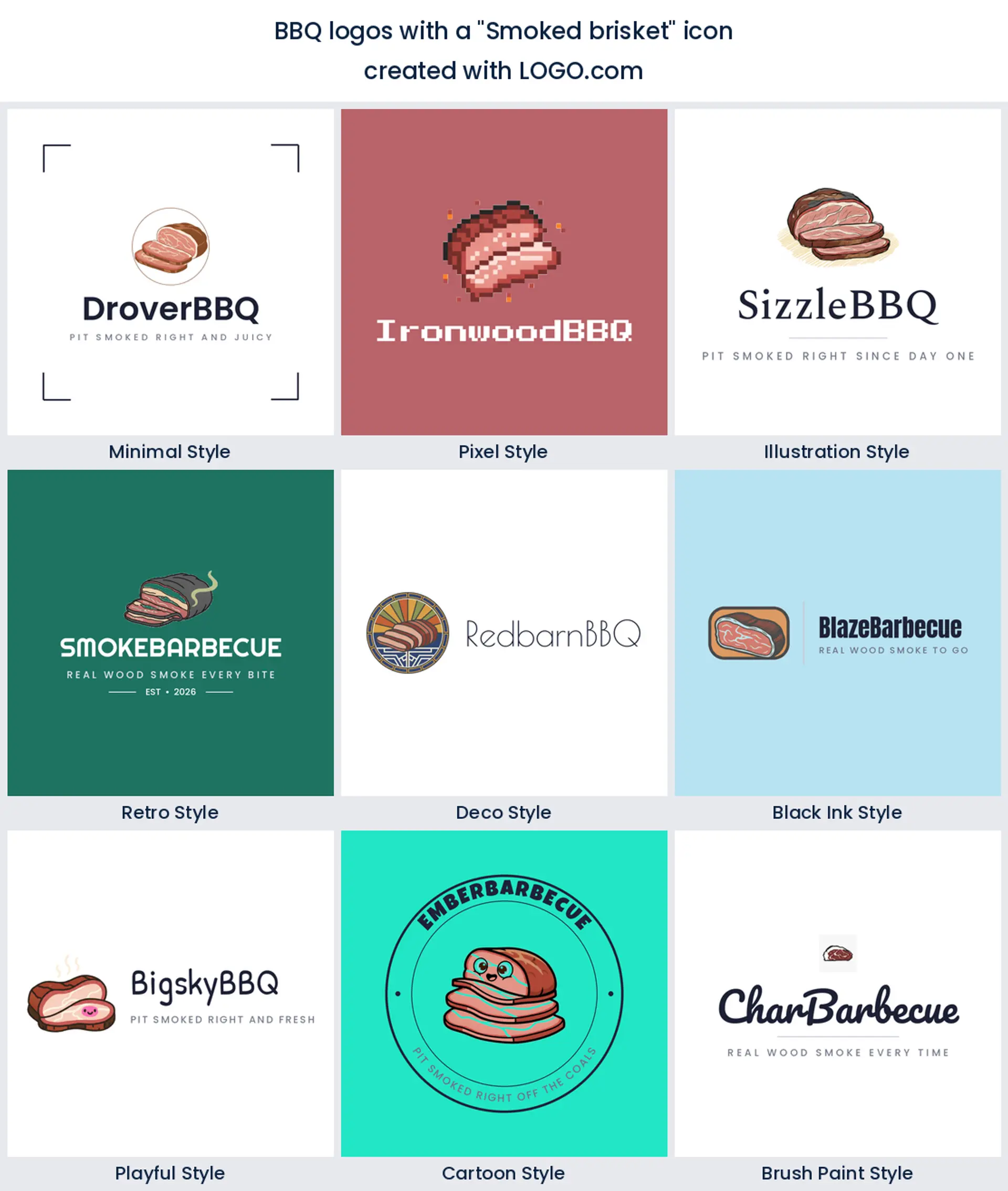 Smoked brisket bbq logo shown in nine LOGO.com styles.