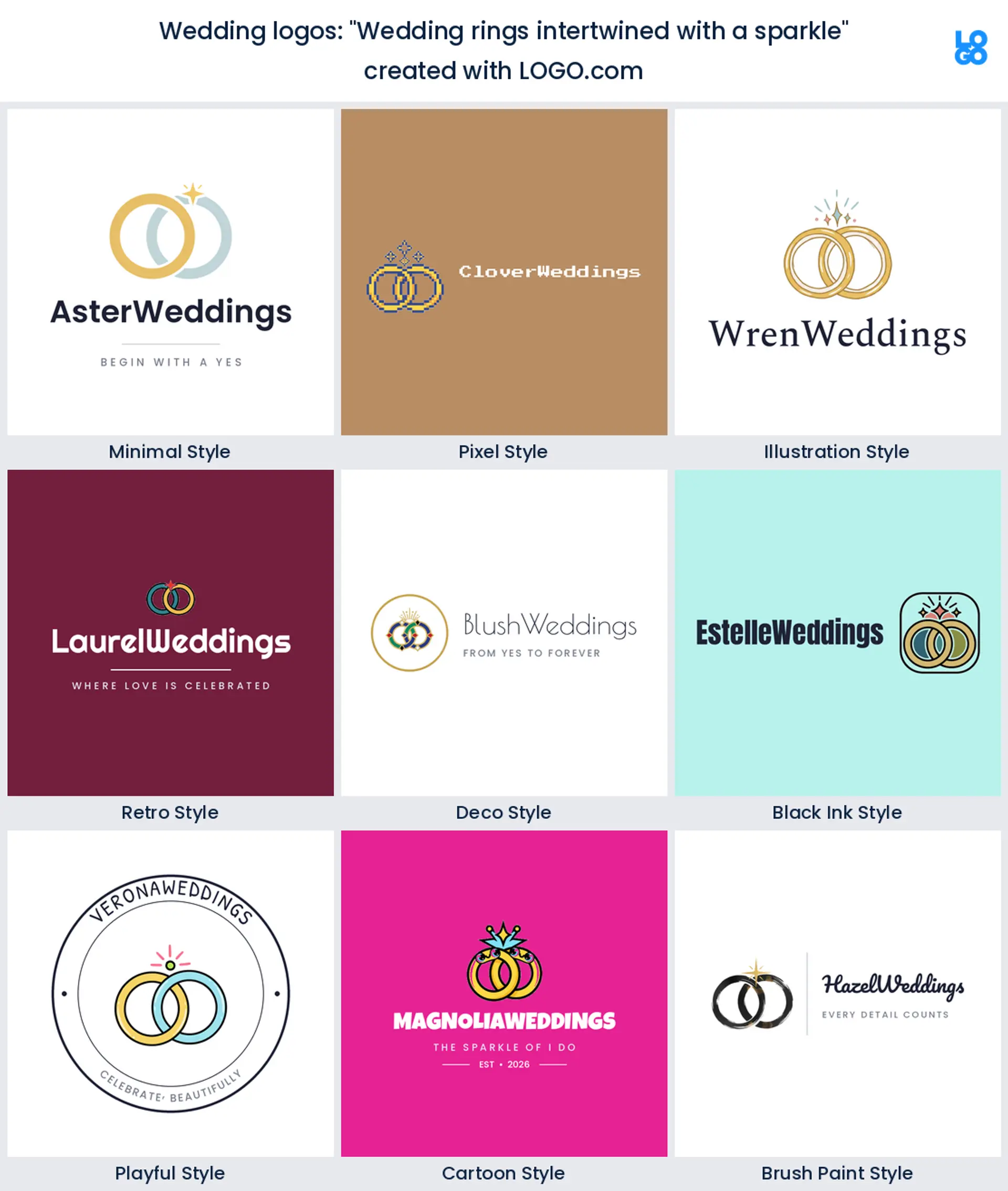 Wedding rings intertwined with a sparkle, a wedding logo idea shown in nine LOGO.com styles