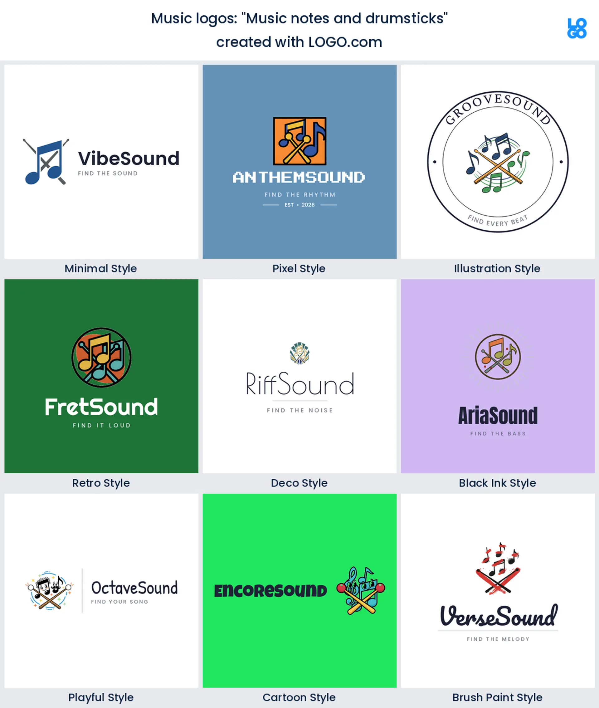 Music notes and drumsticks, a music logo idea shown in nine LOGO.com styles