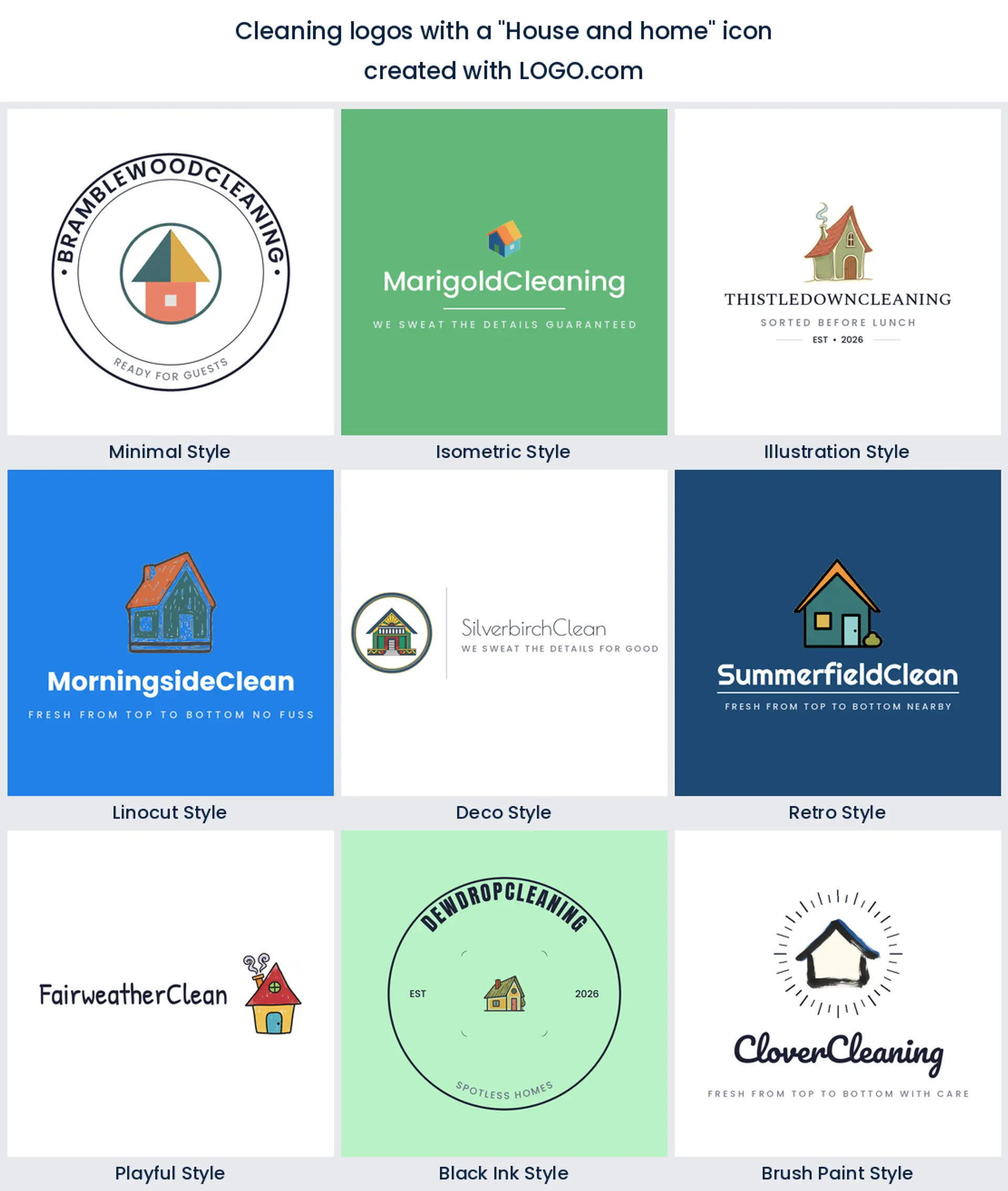 House and home cleaning logo shown in nine LOGO.com styles