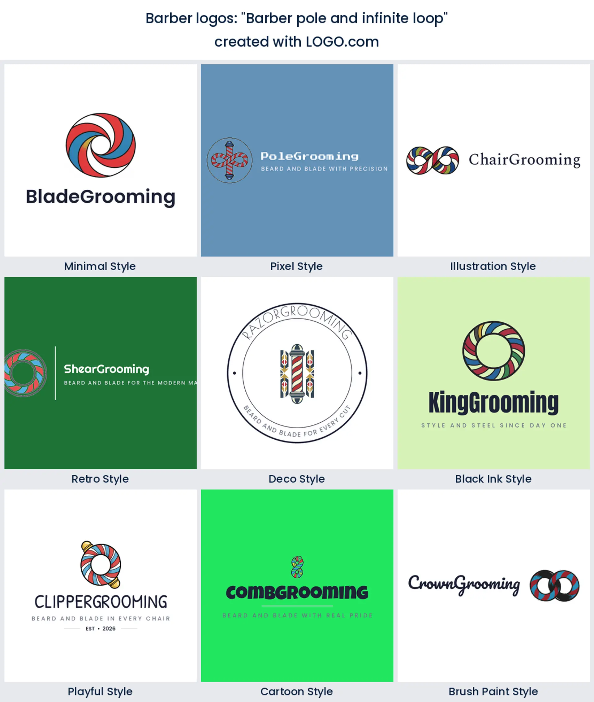 Barber pole and infinite loop logo in nine styles.