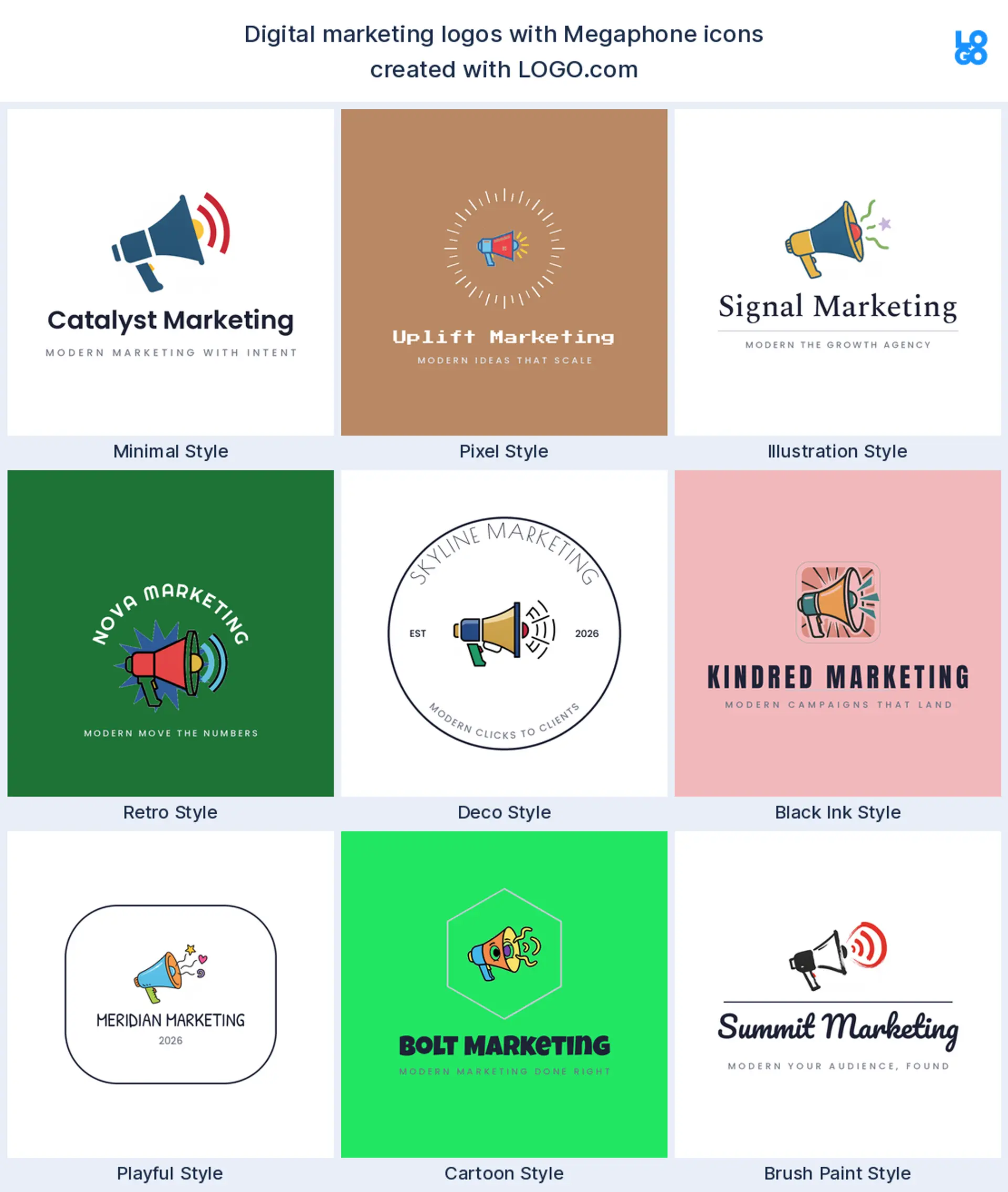 Megaphone, a popular digital marketing logo symbol, shown across nine styles on LOGO.com