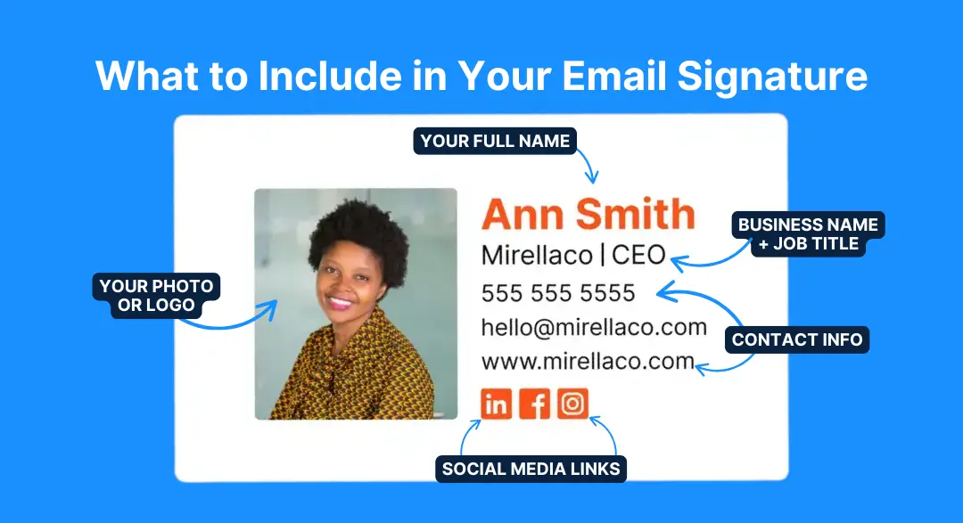 Example of a professional email signature with full name, photo, business name, job title, contact info, and social media links