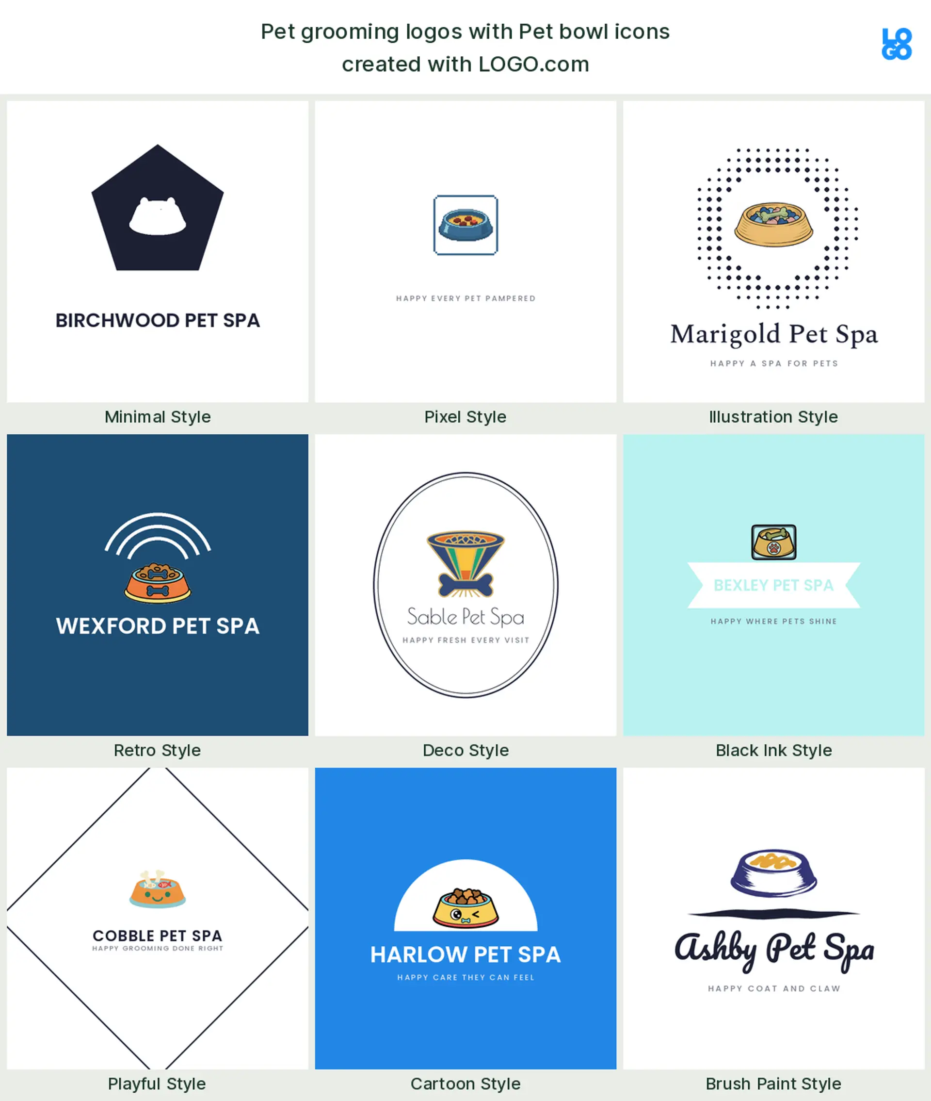 Pet bowl, a popular pet grooming logo symbol, shown across nine styles on LOGO.com