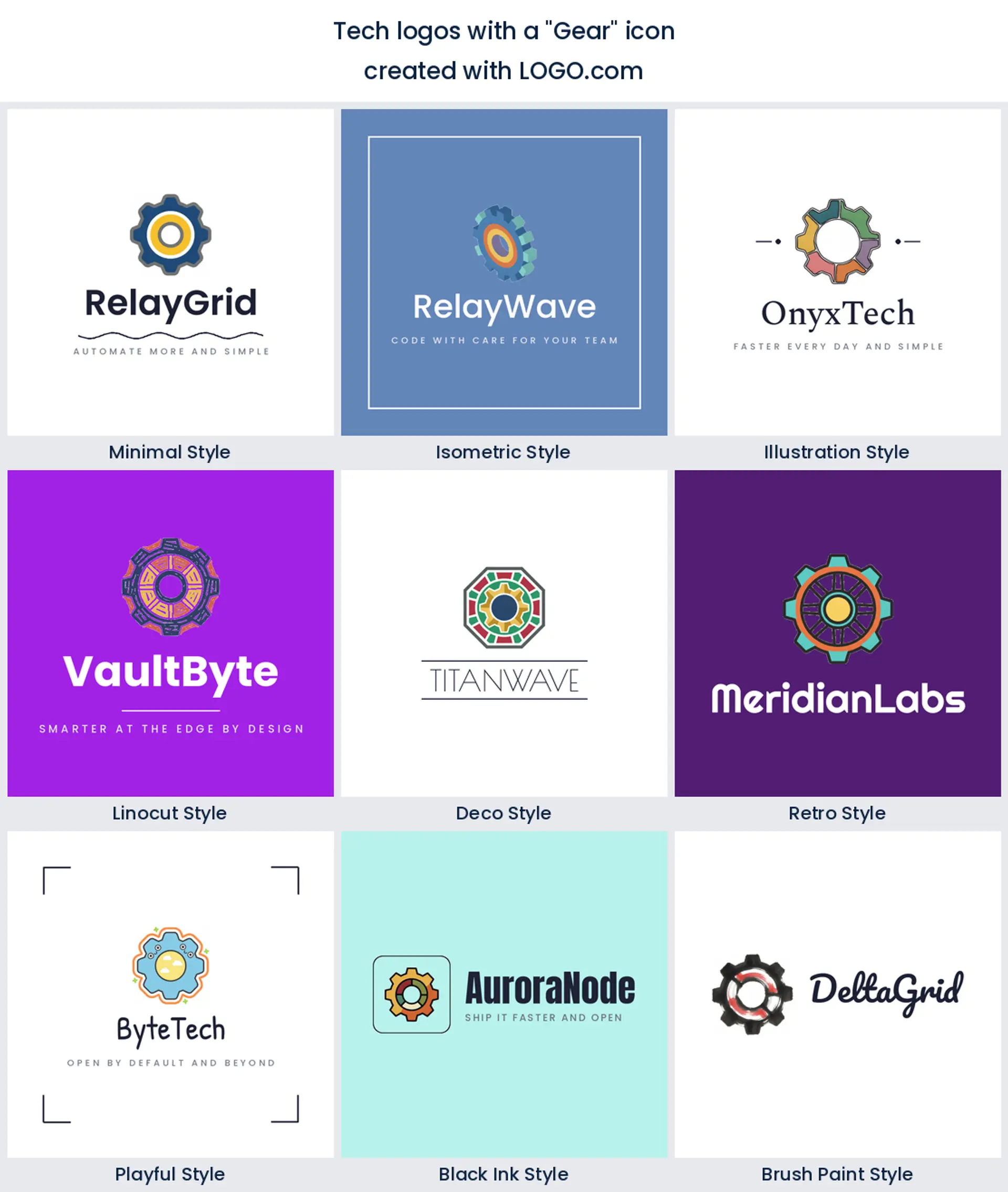 Gear and cog tech logo shown in nine LOGO.com styles.