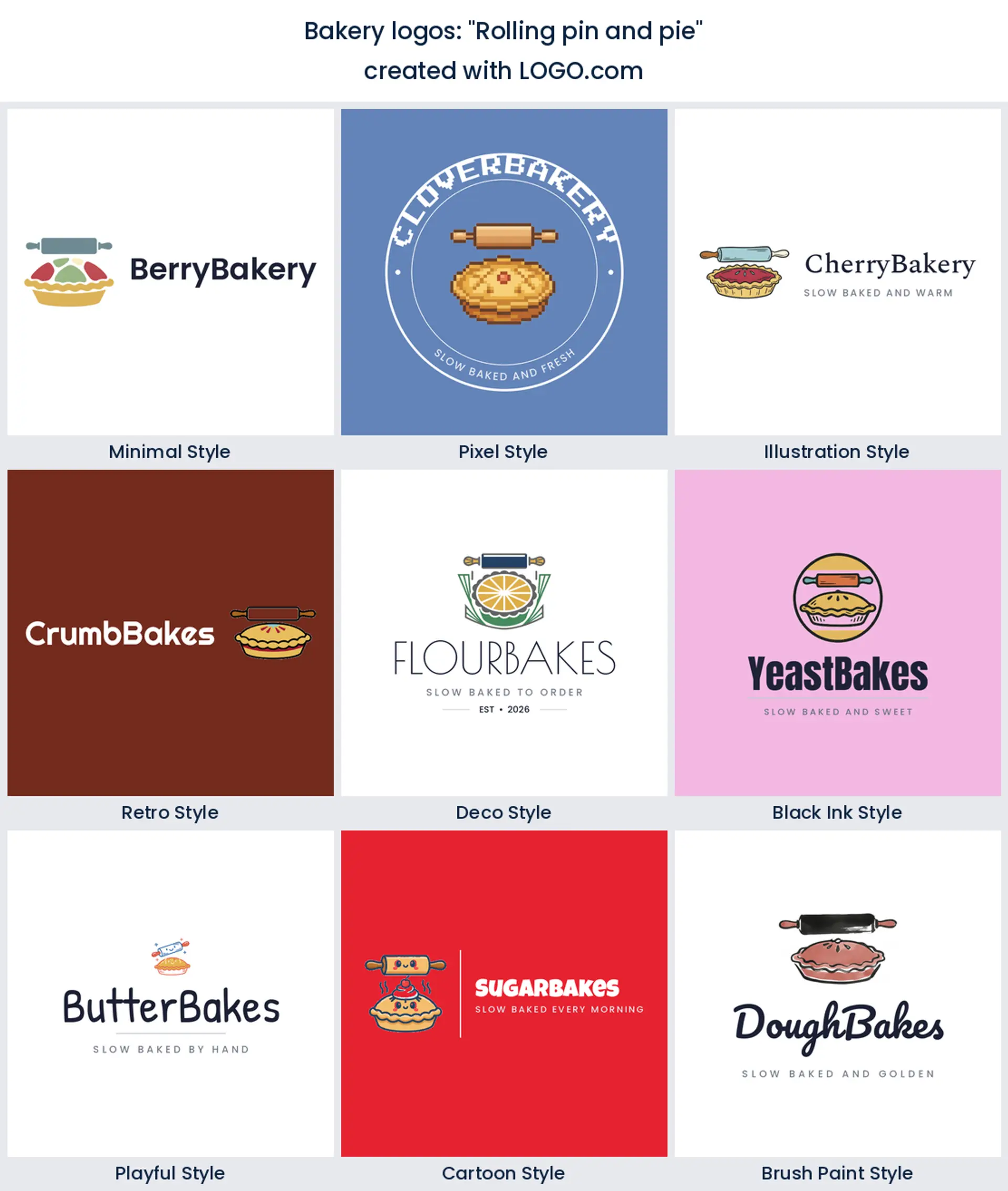 Rolling pin and pie bakery logo in nine styles.