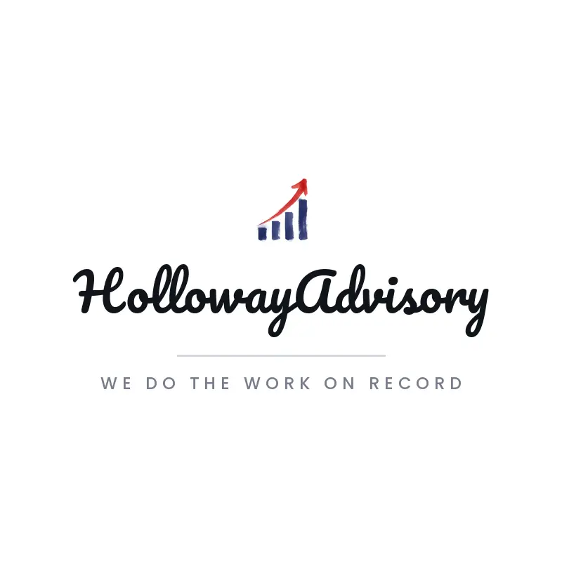 Brush paint financial planner logo for HollowayAdvisory with an arrow rising out of a bar chart