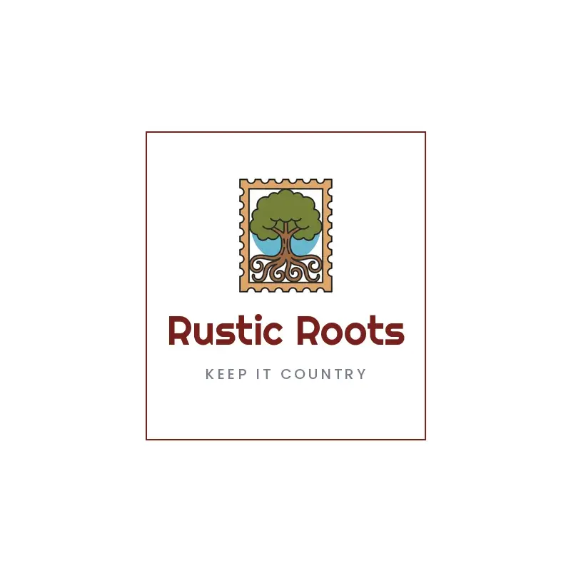 The farm name Rustic Roots as a branded logo in a retro style