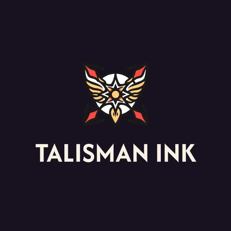 The tattoo shop name Talisman Ink as a branded logo with a color icon