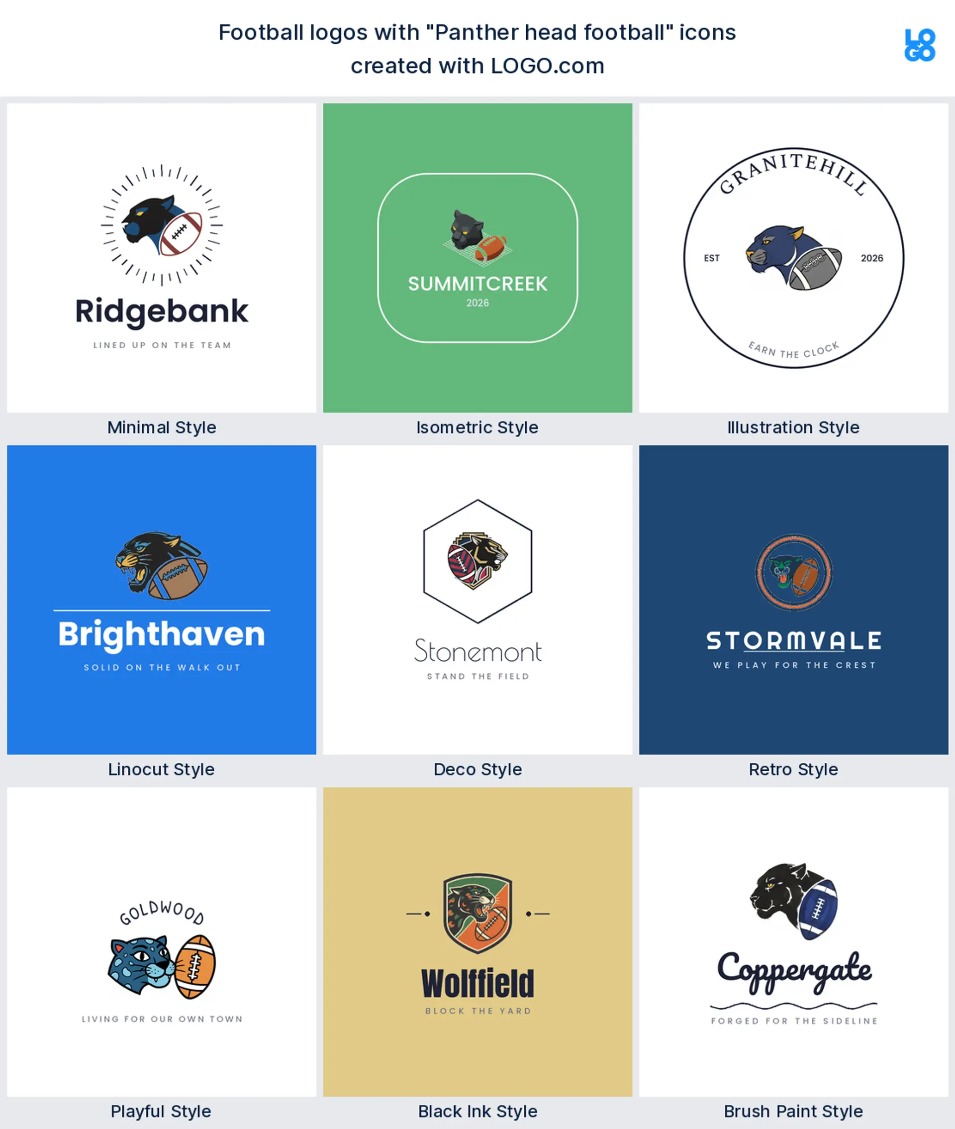 Panther head football logo shown in nine LOGO.com styles