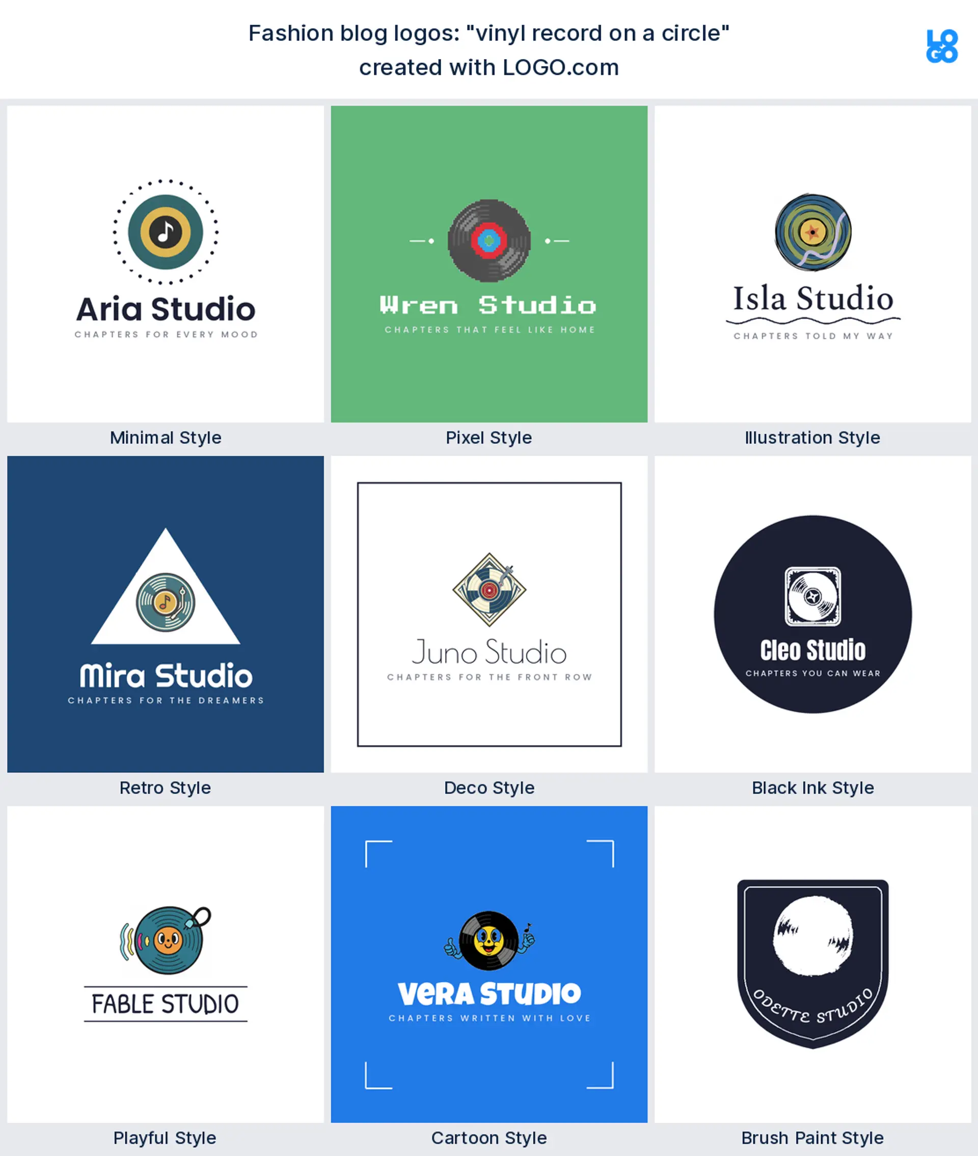 The "vinyl record on a circle" logo idea shown across nine LOGO.com styles