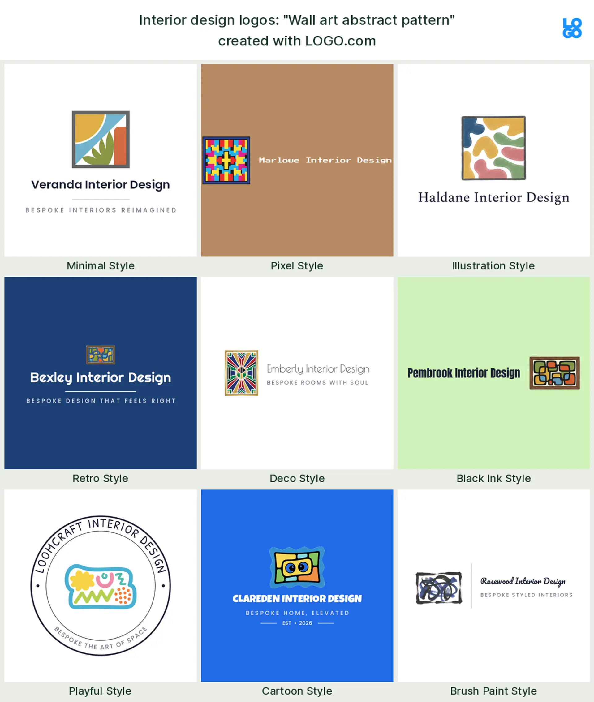 The "Wall art abstract pattern" interior design logo idea, shown across nine styles on LOGO.com